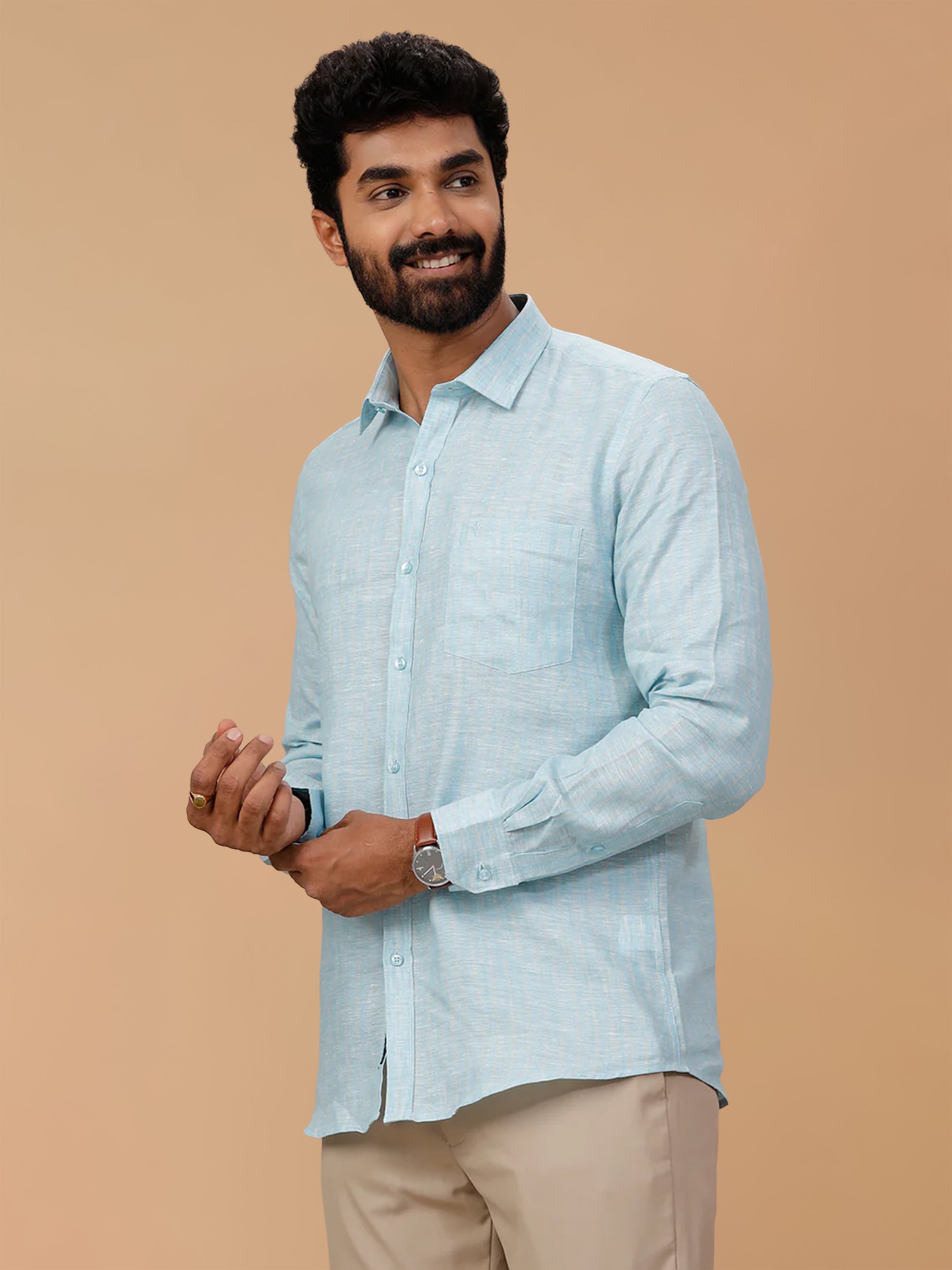 Pure Linen Pale Sky Blue Striped Smart Fit Shirt LS90