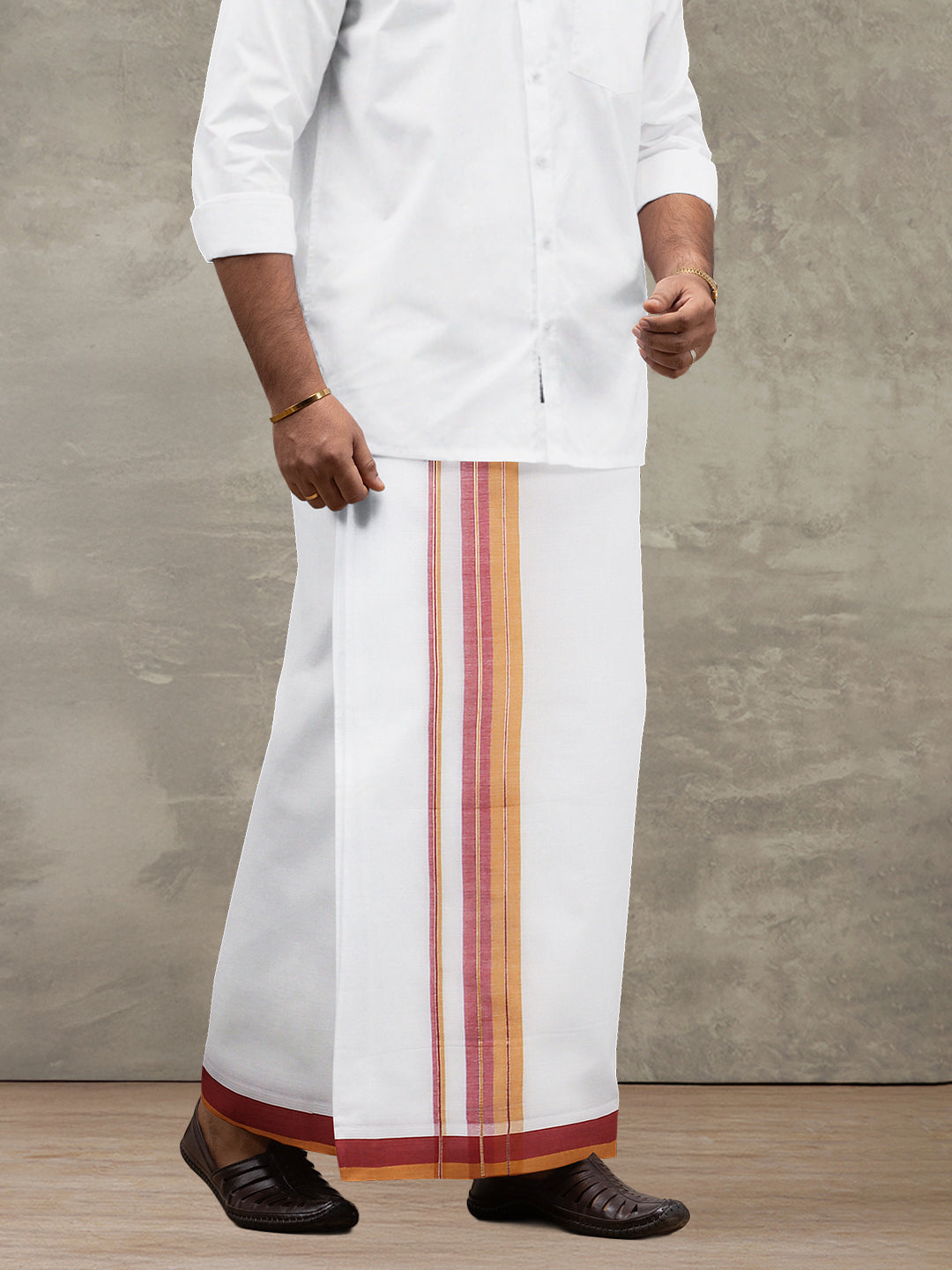 Men 100% Cotton Double Layer White Dhoti with Fancy Jari Border EJF10