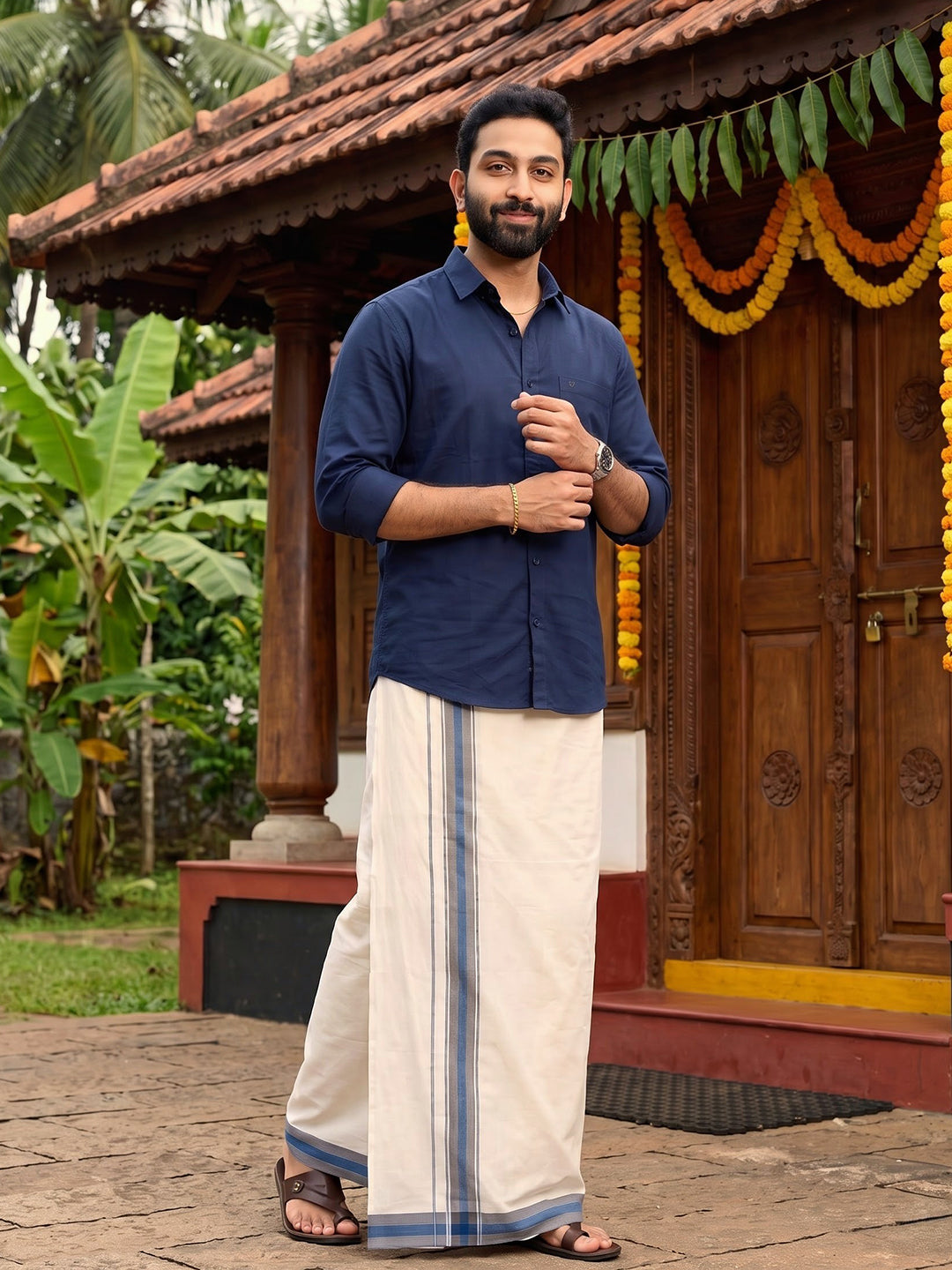 Double Layer Supima Cotton Cream Kora Dhoti with Colour Border - LC36