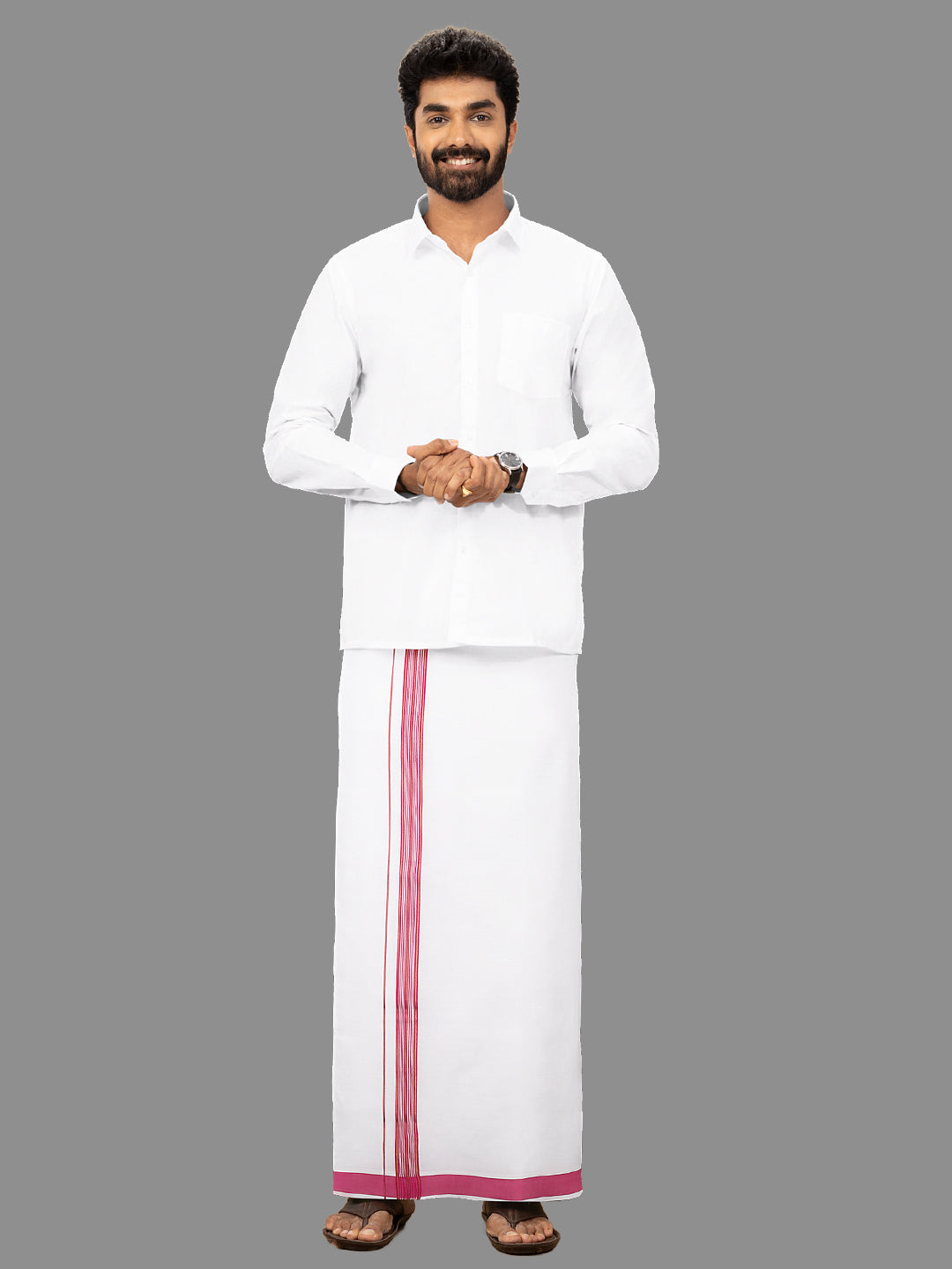 Men 100% Cotton Single Layer White Dhoti with Fancy Jari Border YGF01