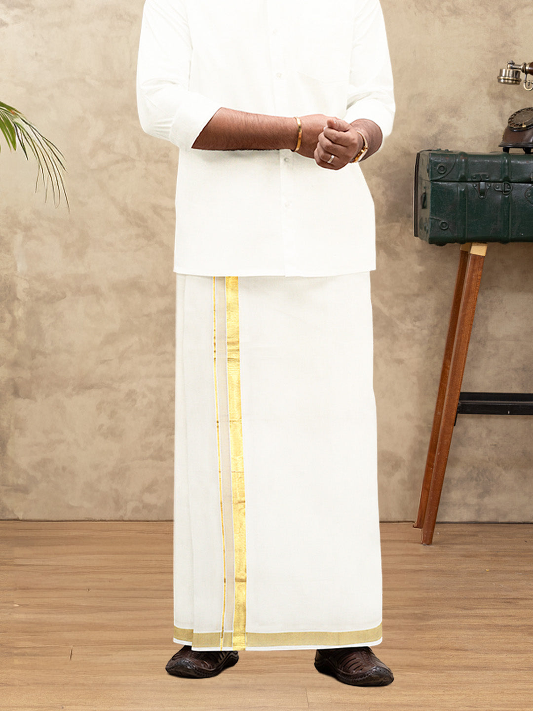 Men Kora Cotton Double Layer Dhoti with Gold Jari Border Chingam 5028