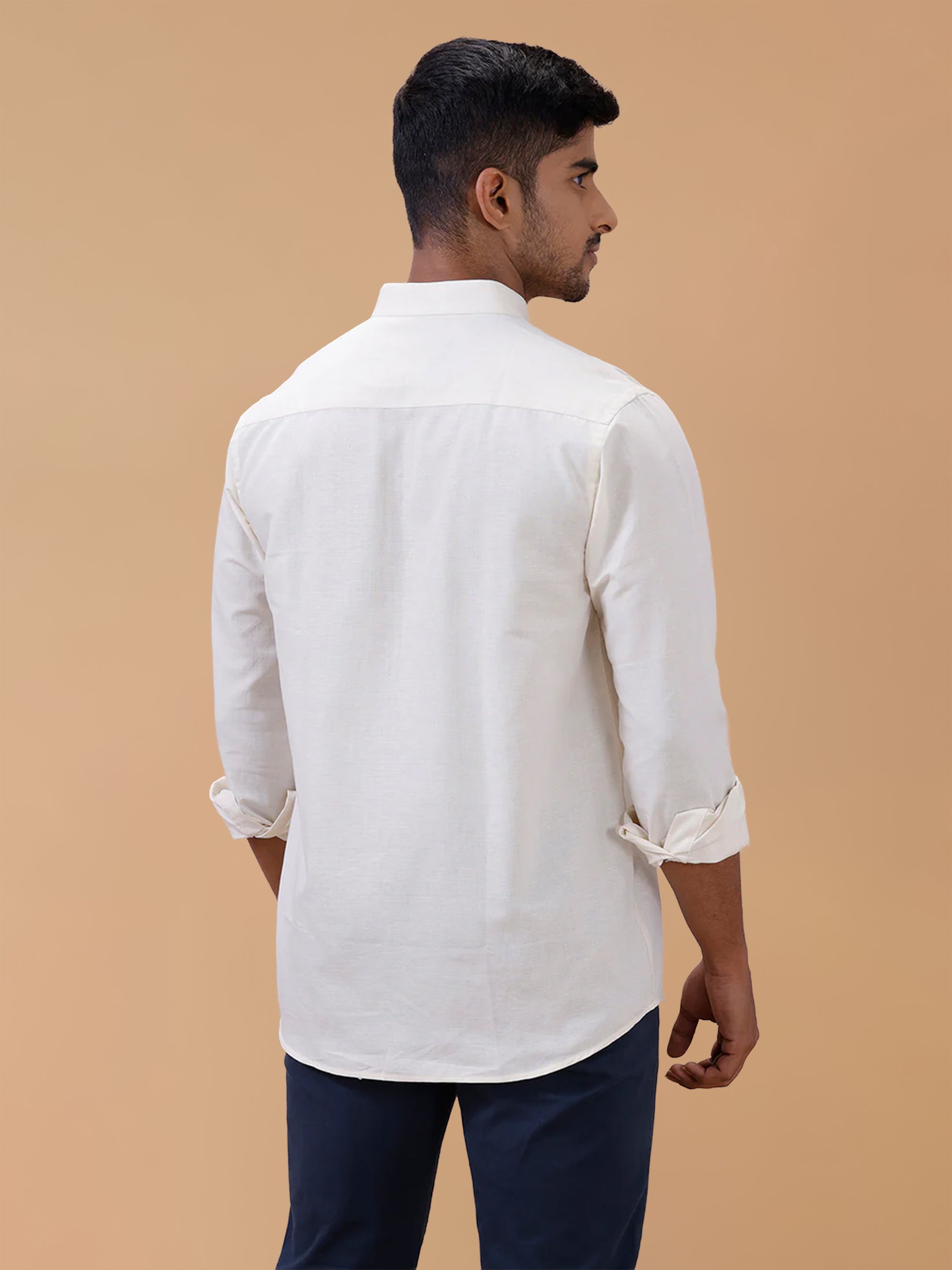 Linen Cotton Cream Chinese Collar Regular Fit Shirt LF12