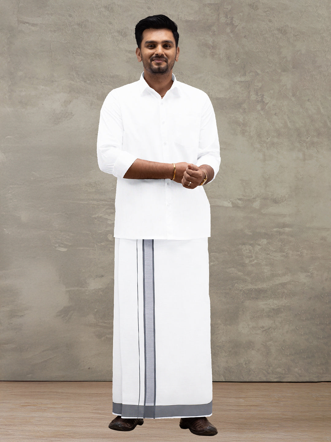 Men Cotton Blend Single Layer White Dhoti with Fancy Border WP23