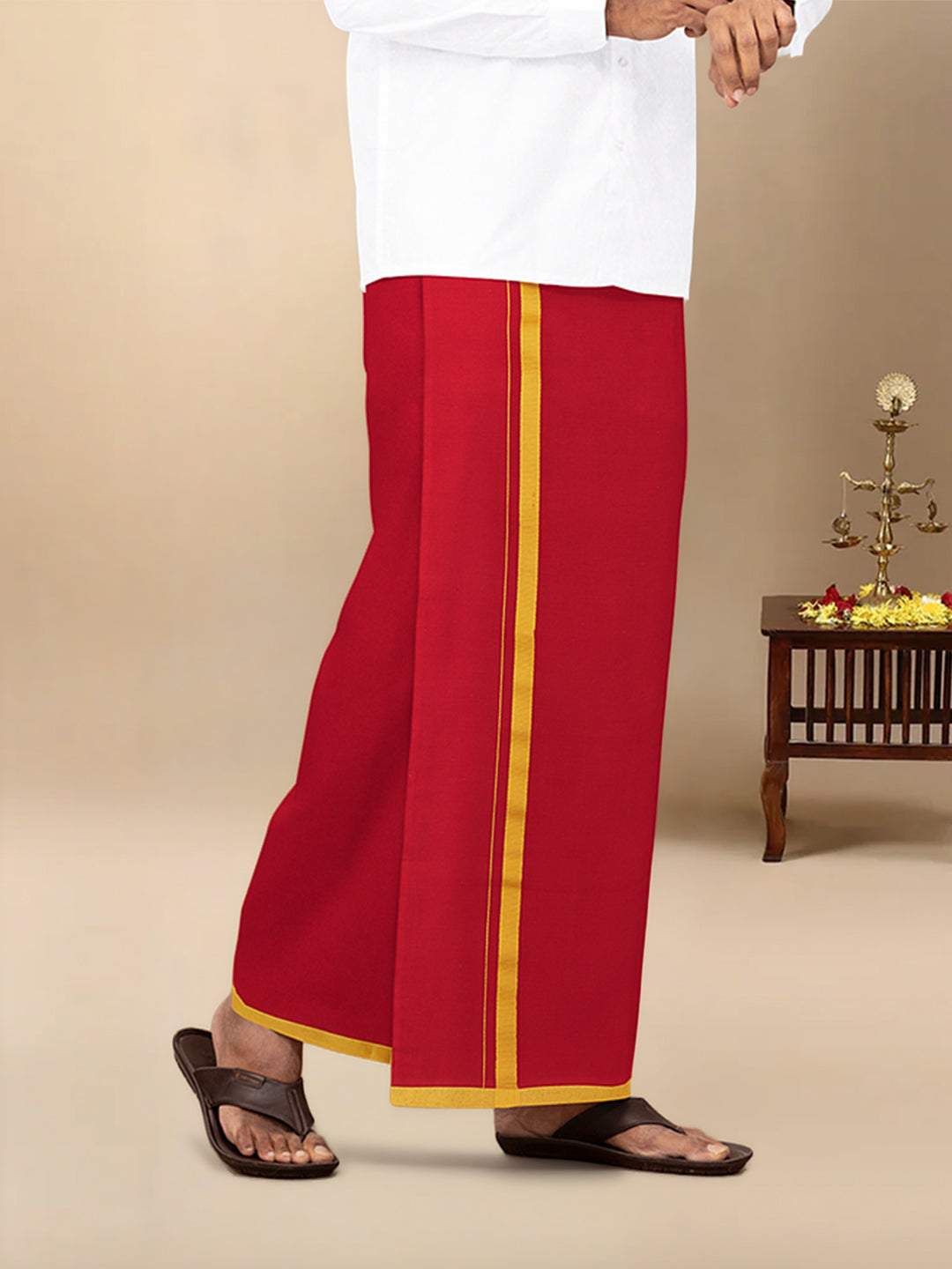 Men Cotton Blend Single Layer Red Dhoti & Towel Set with Assorted Border Poojan