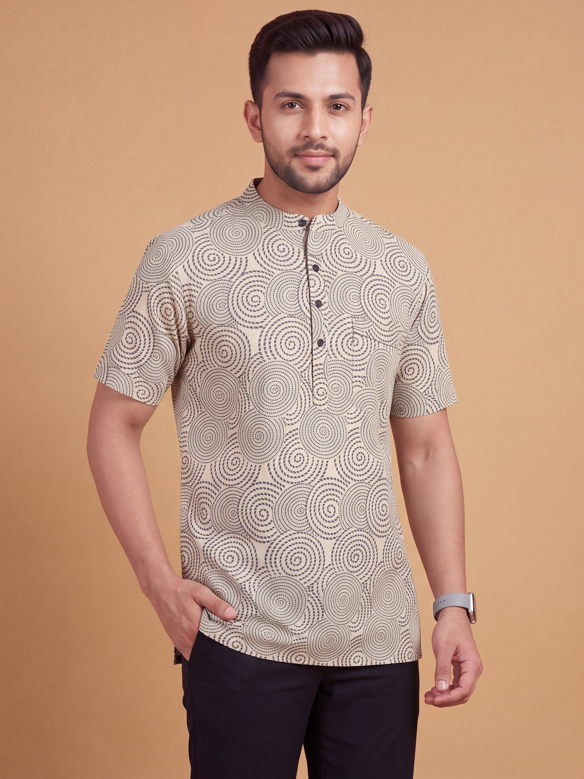 Cotton Short Length Beige Spiral Printed Pocket Kurta RN9