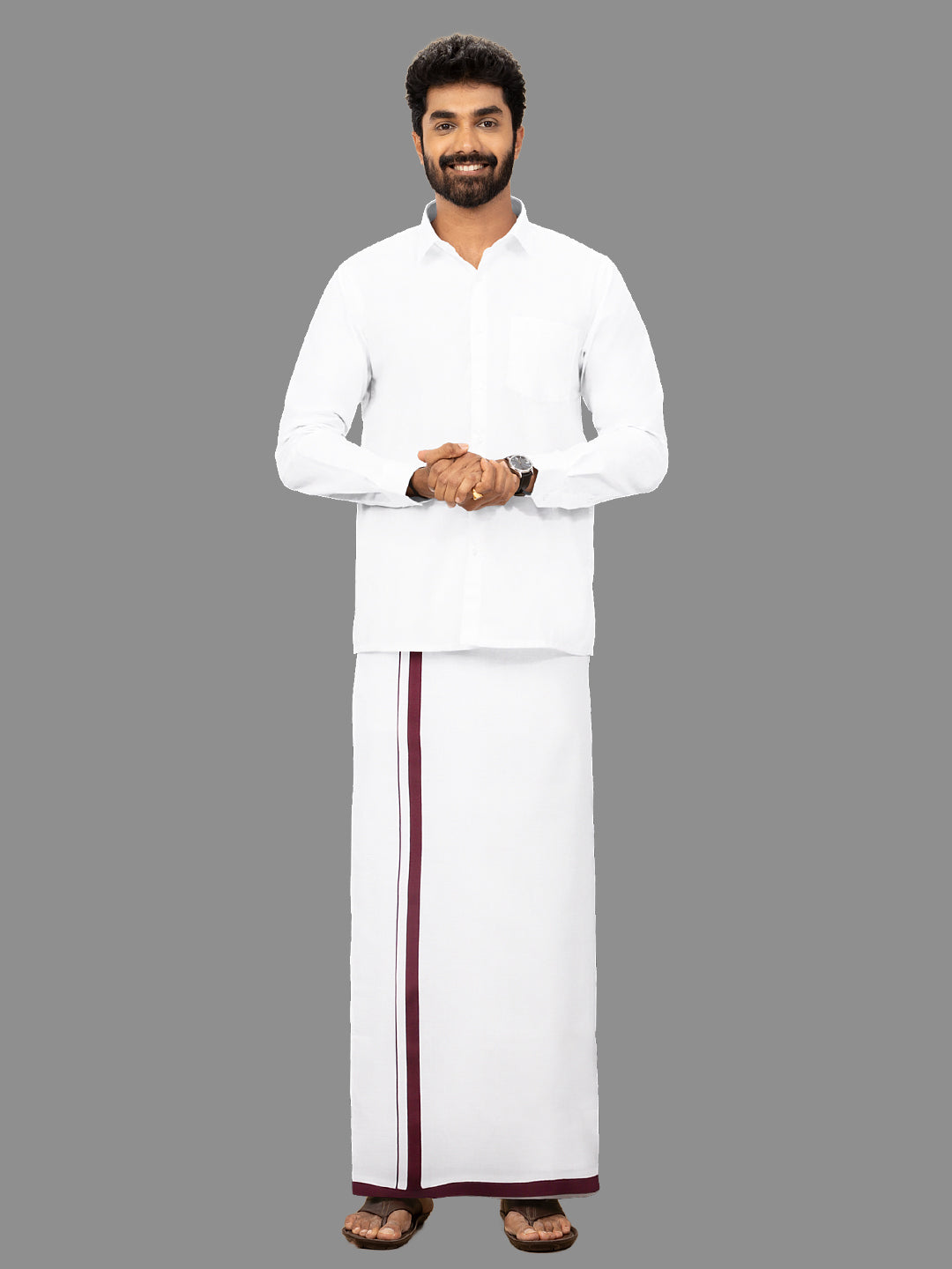 Men 100% Cotton Single Layer White Dhoti with Assorted Border Gold Star Sattin Fine