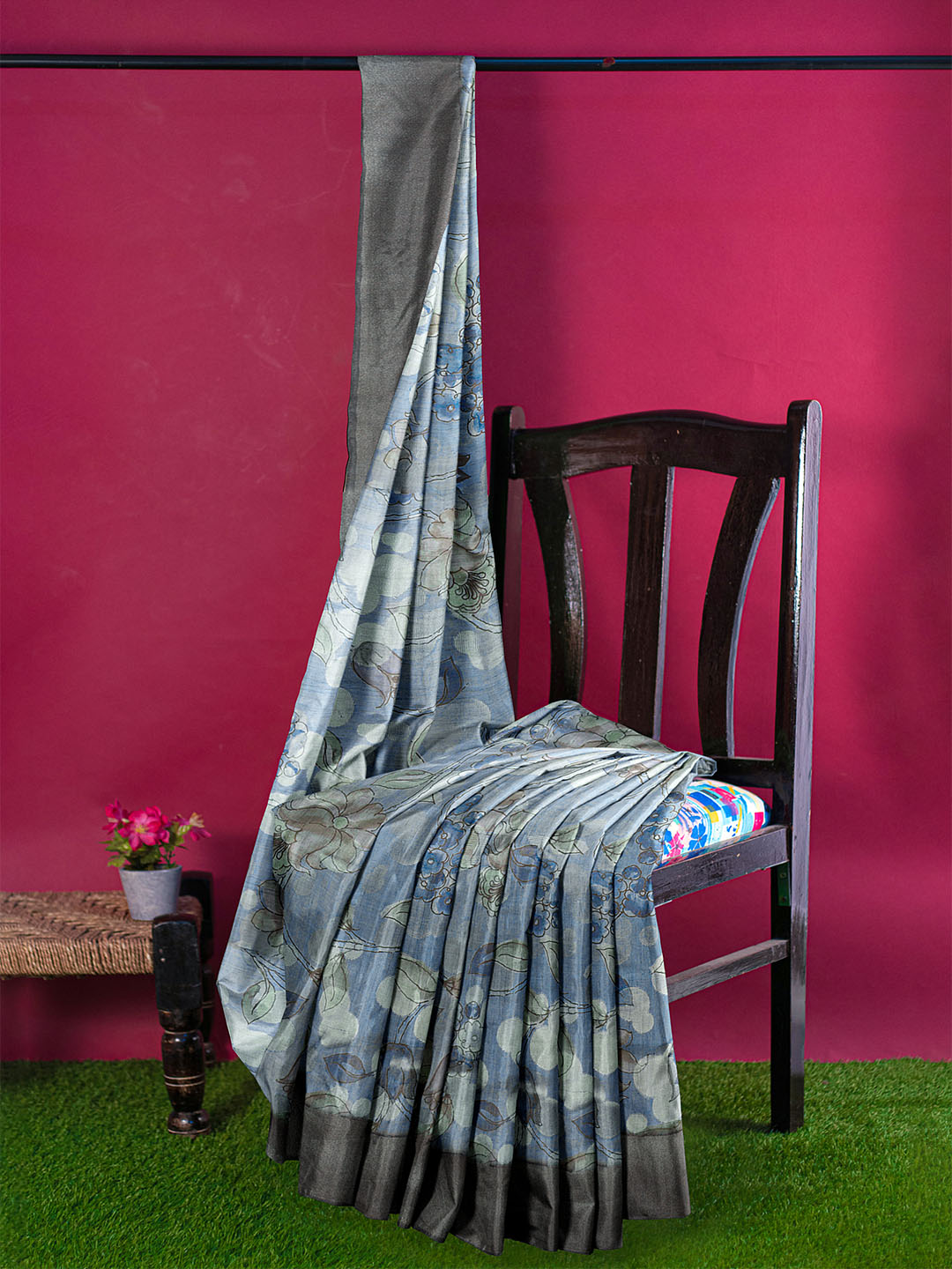 Women Blue Semi Tussar Printed Saree ST263