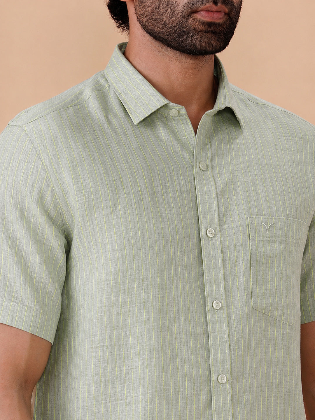 Men Pure Linen Striped Shirt Pale Green LS34