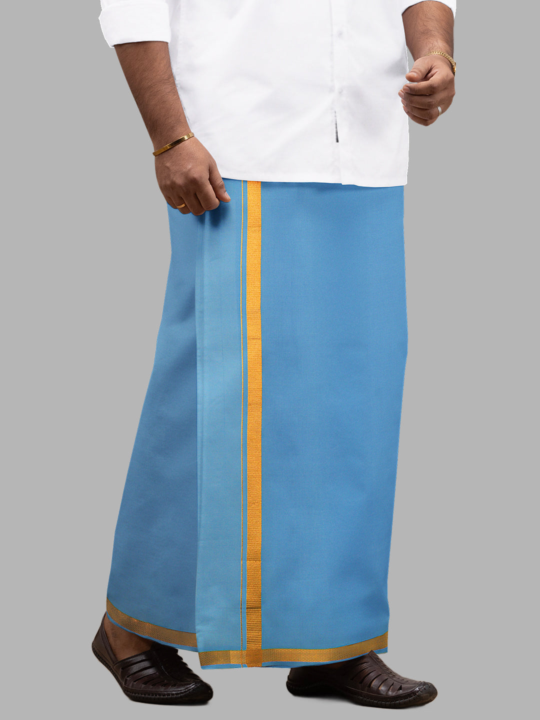 Men Cotton Blend Single Layer Blue Dhoti with Gold Jari Border Cosmic 4