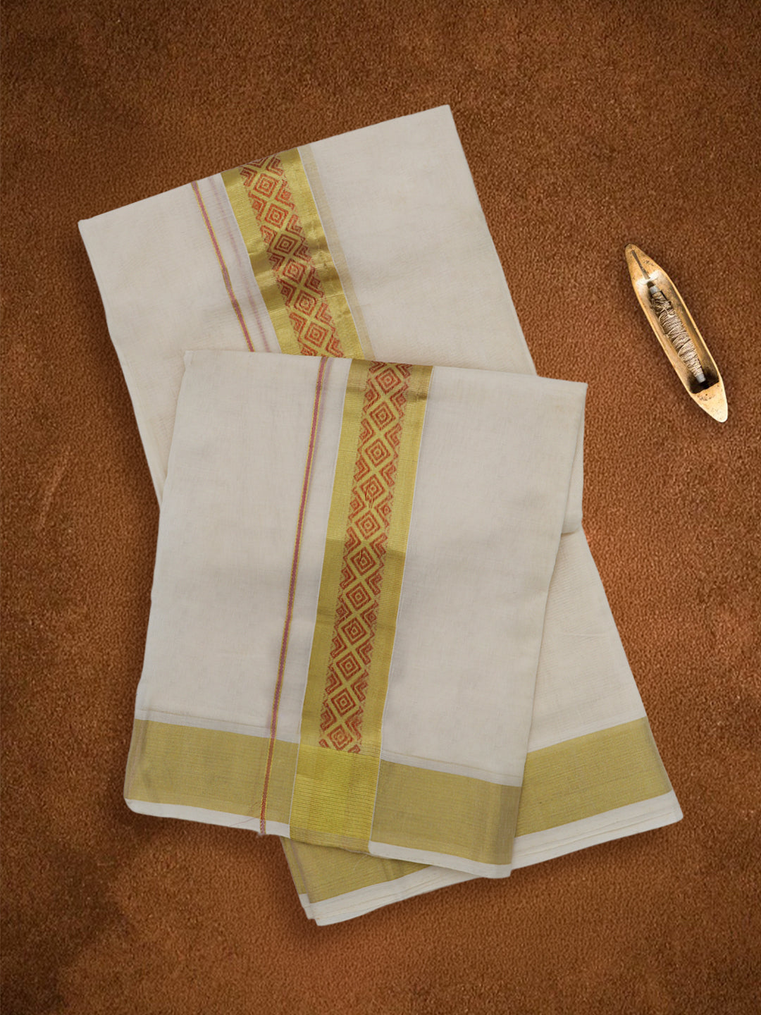 Men Premium Handloom Cream Dhoti with Fancy Jari Border HLM109