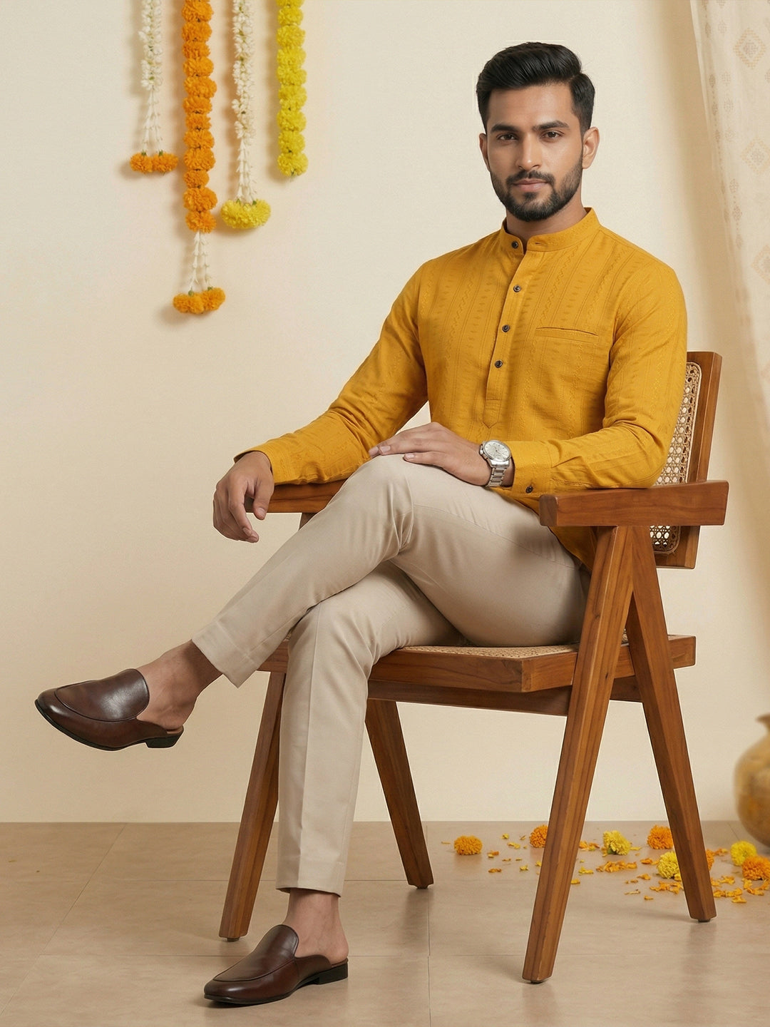 Cotton Short Length Self Design Pocket Kurta Turmeric Yellow Y31