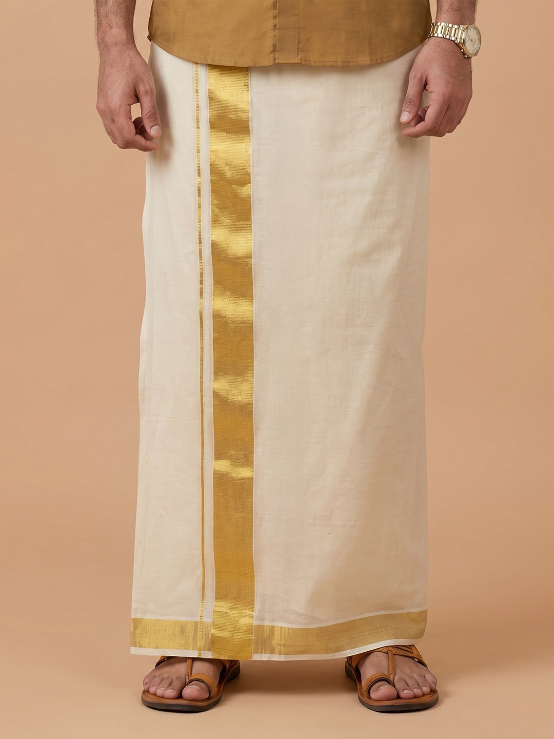 Double Layer Premium Handloom Cream Dhoti with Jari Border HLM119