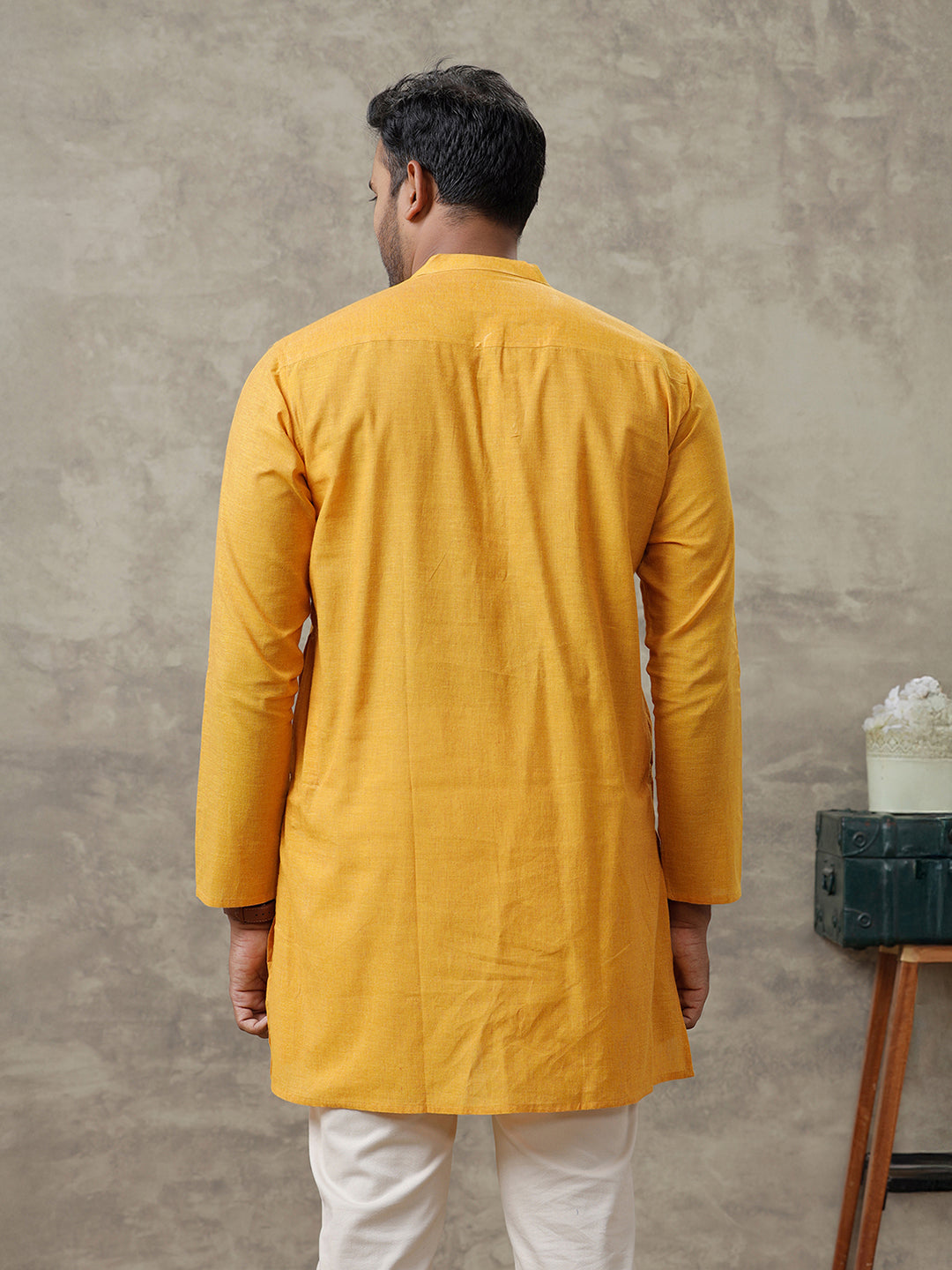Men Cotton Medium Length Plain Pocket Kurta Chrome Yellow Y22