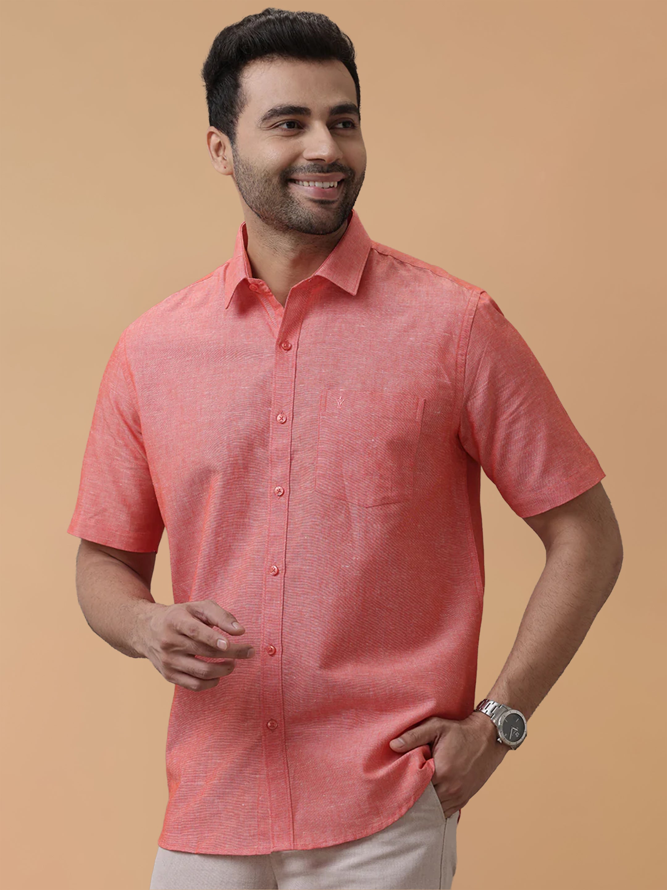 Linen Cotton Orangy Red Regular Fit Shirt LF5