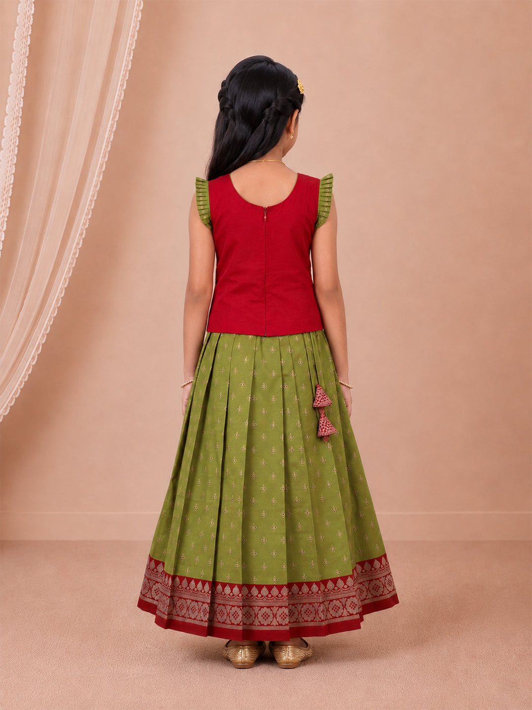 Girls Art Silk Maroon with Green Pattu Pavadai Set GPS65