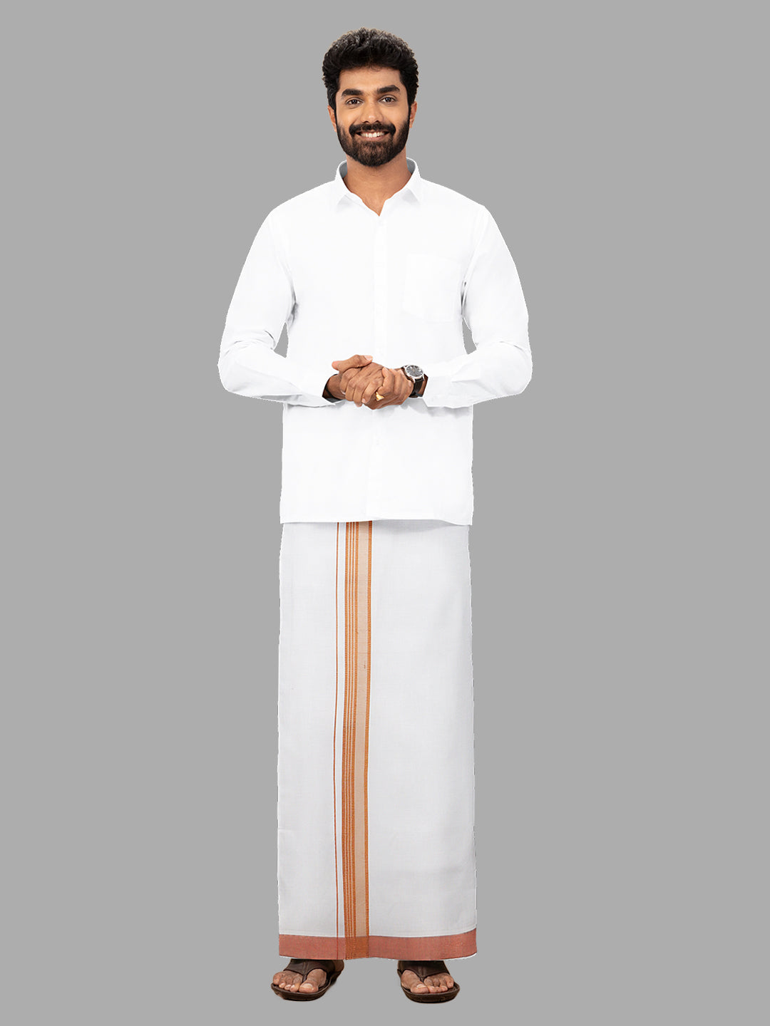 Men Cotton Blend Single Layer White Dhoti with Fancy Jari Border Gen Trend