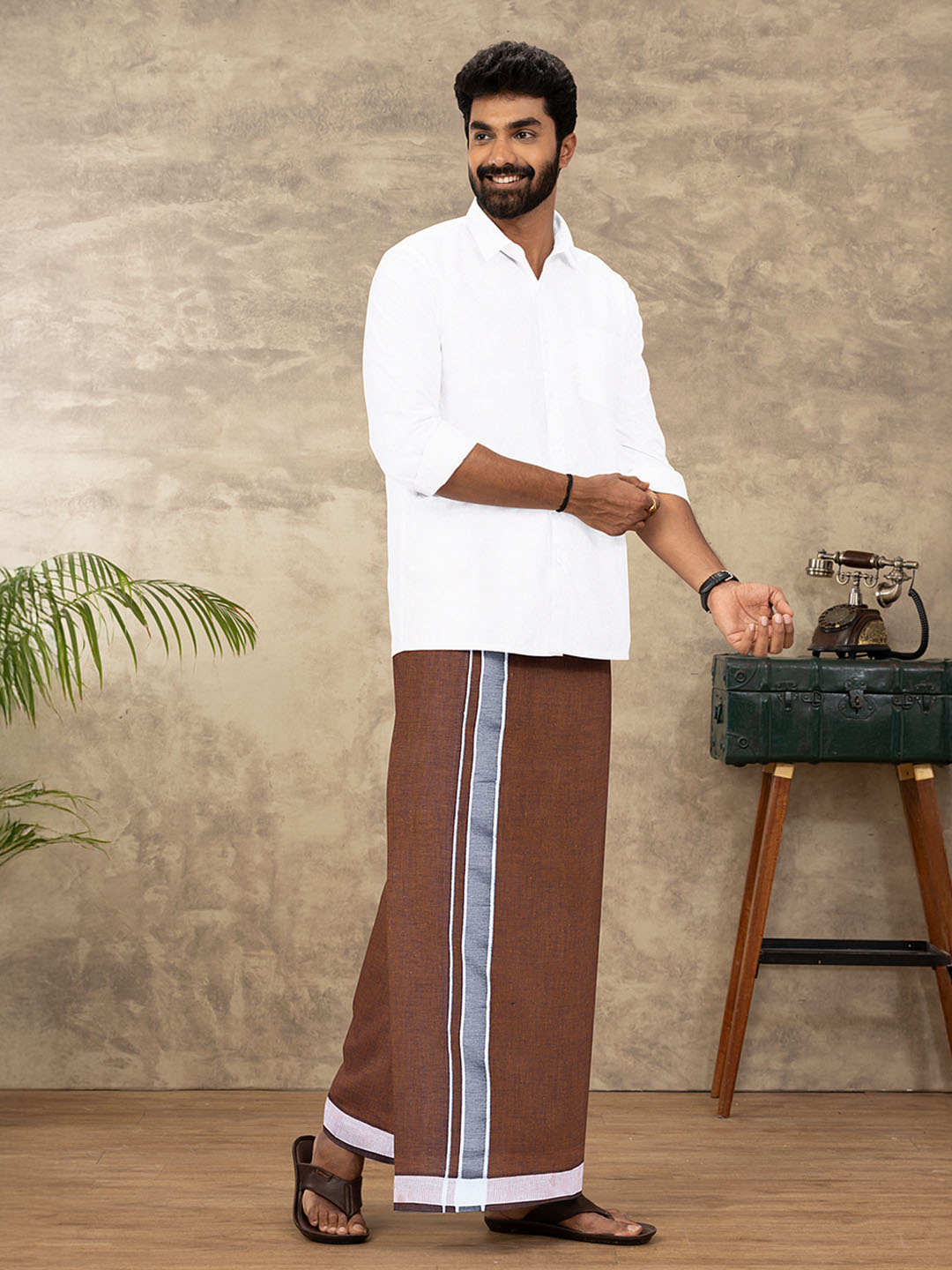 Men Cotton Blend Single Layer Burnt Orange Dhoti with Fancy Border CD13