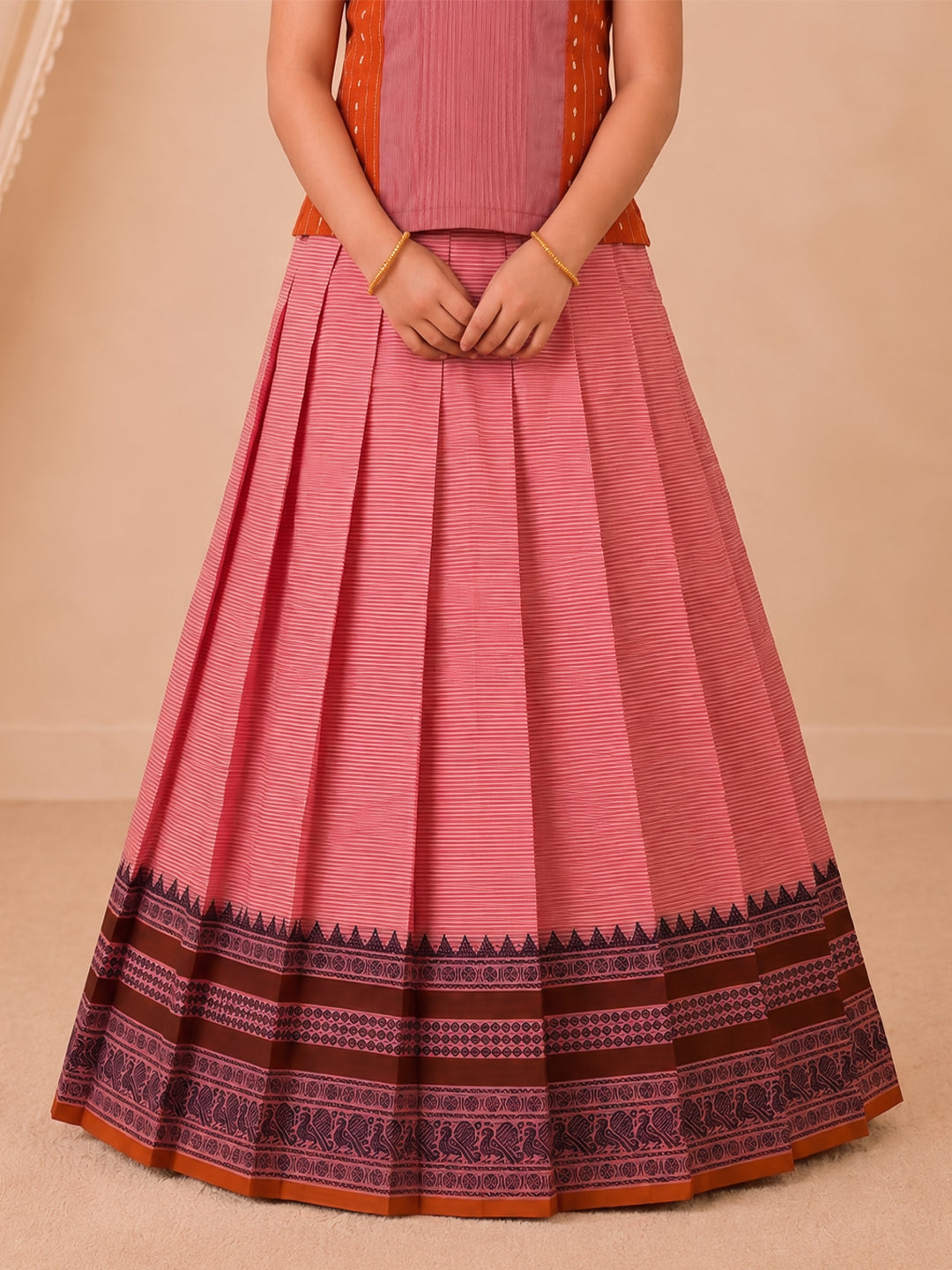 Girls Cotton Lilac with Brown Pattu Pavadai Set GPS51