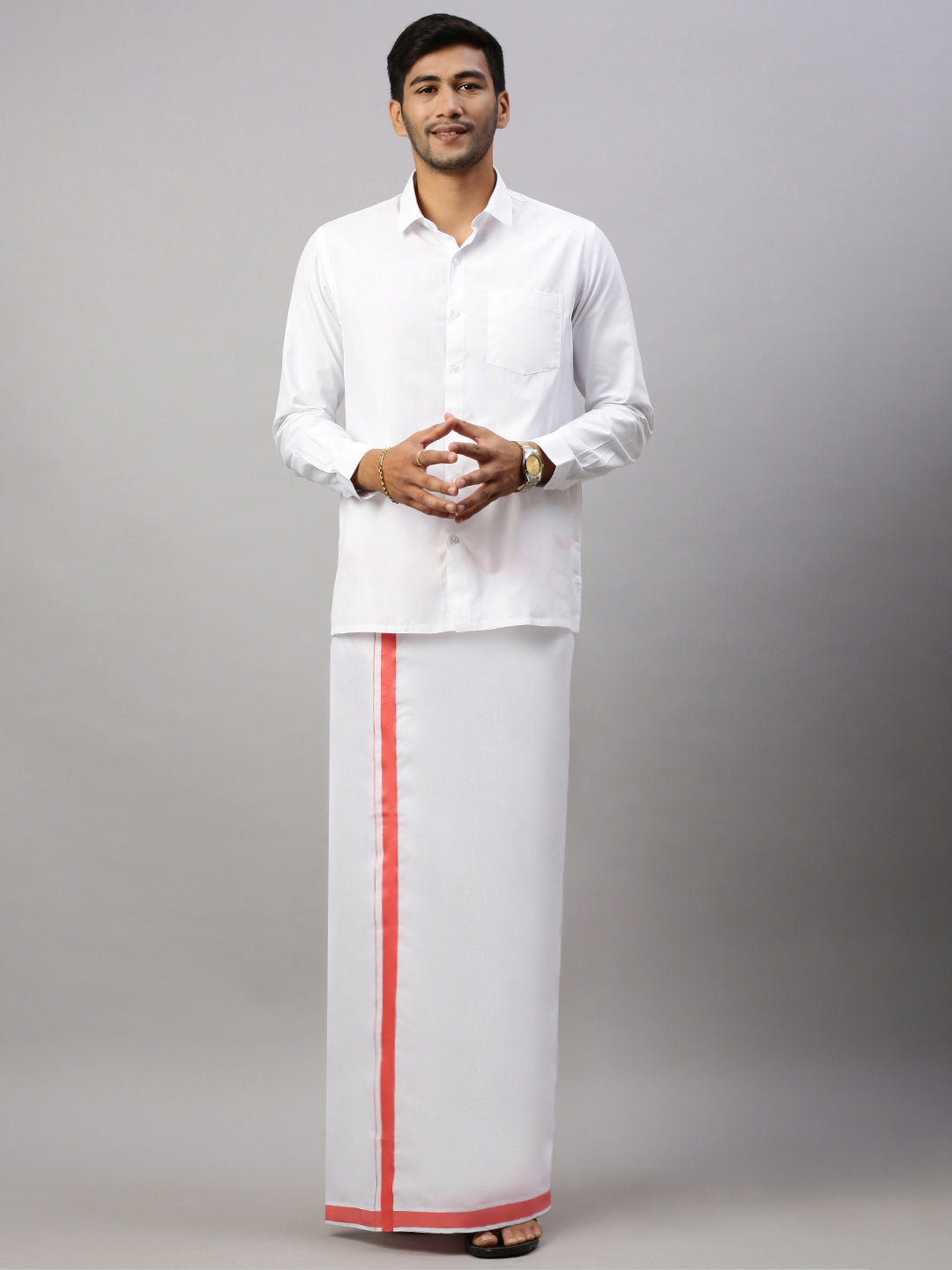 Men Cotton Blend Single Layer White Dhoti with Big Border WS22