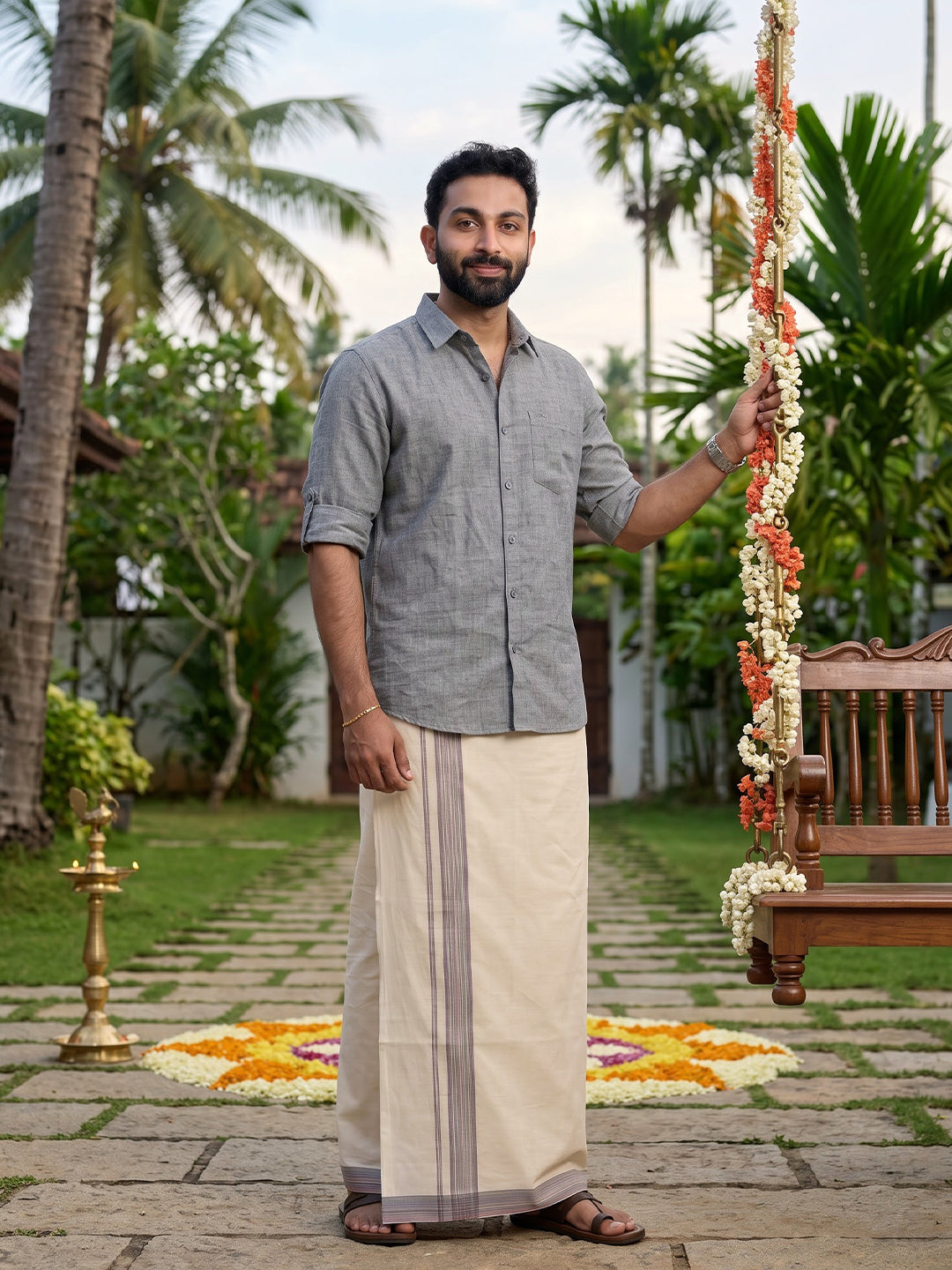 Double Layer 100% Cotton Cream Kora Dhoti with Colour Border - RKF06