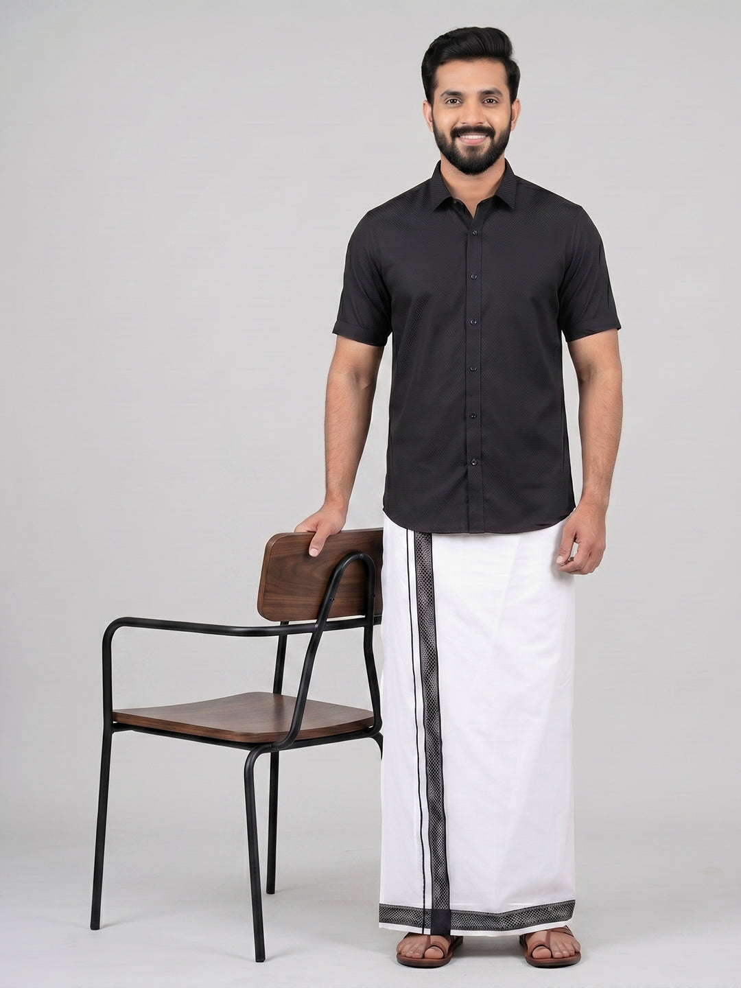 Men Black Matching Border Dhoti With Printed Shirt Set Windsor HNJ6