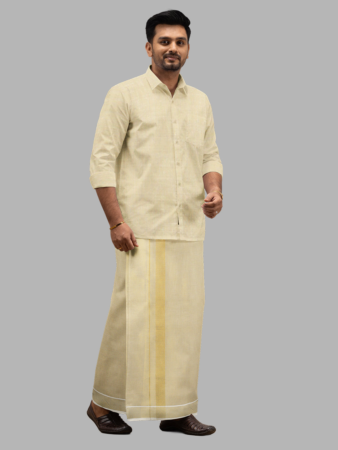 Men Tissue Double Layer Gold Dhoti with Fancy Jari Border