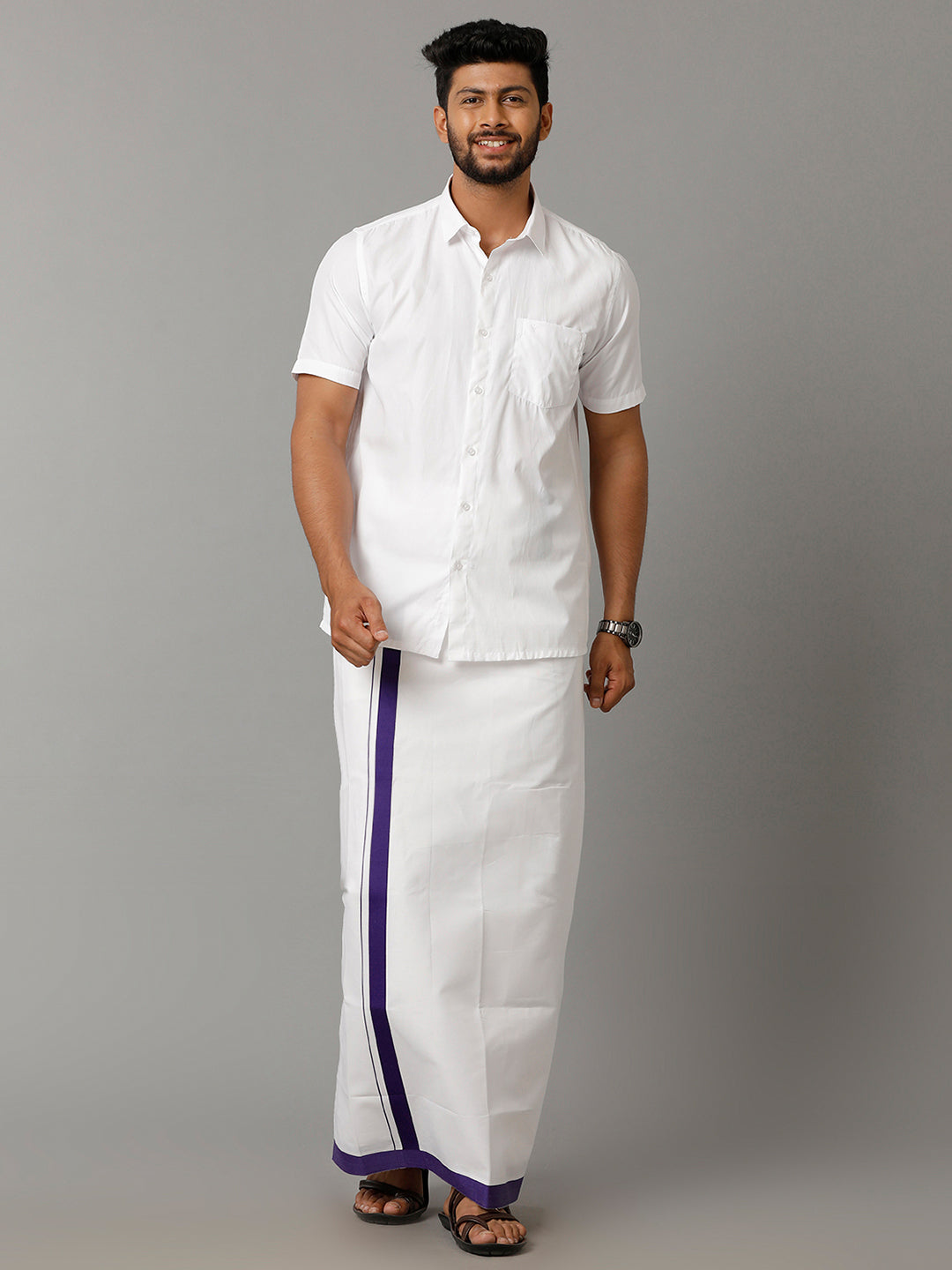 Men 100% Cotton Double Layer White Dhoti with Big Border RFS03