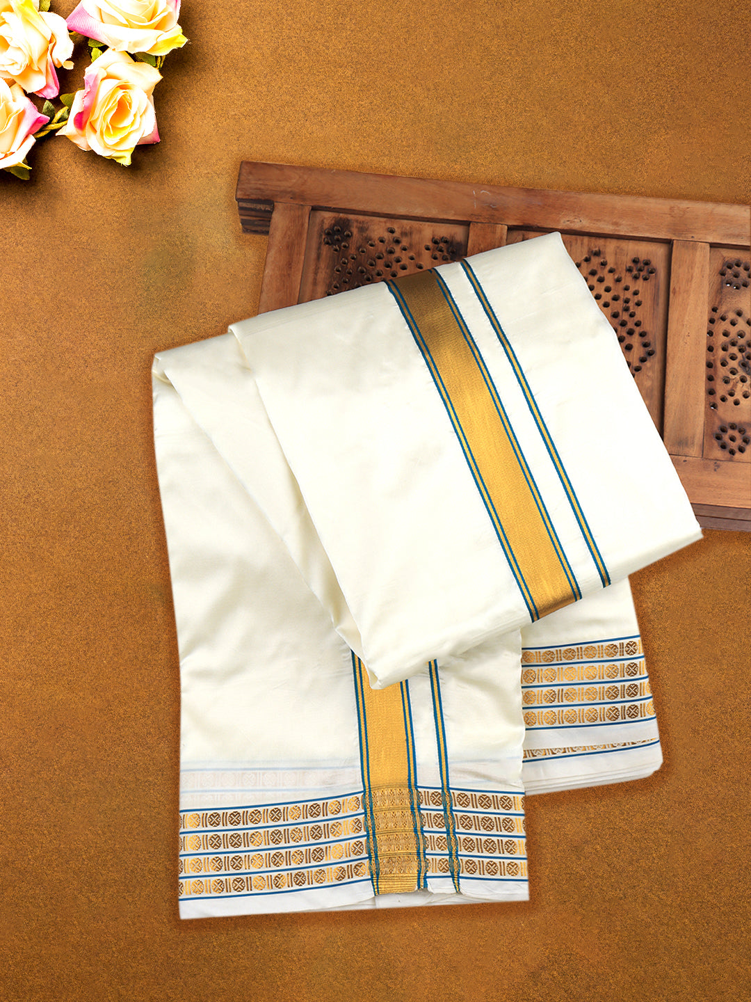 Men Art Silk Panchakacham with Angavashtram Cream(9+5)