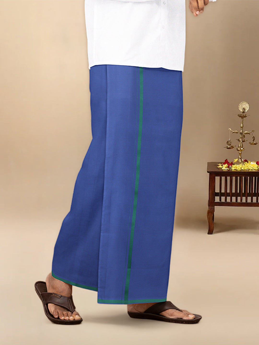 Men Cotton Blend Single Layer Blue Dhoti & Towel Set with Green Border Poojan