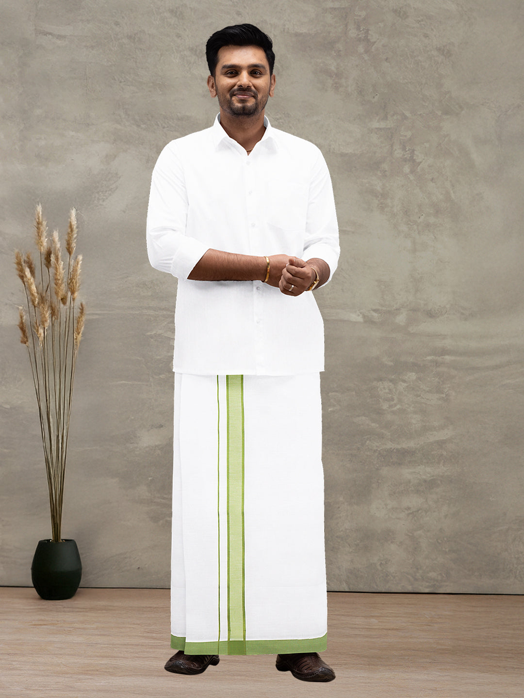 Men Cotton Blend Single Layer White Dhoti with Fancy Border WP25