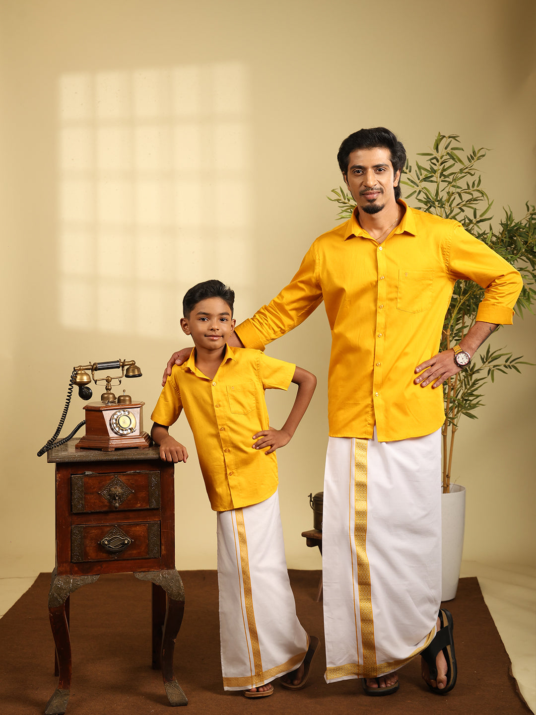 Like Father Like Son Matching Border Dhoti with Shirt Combo Set Orange BT4