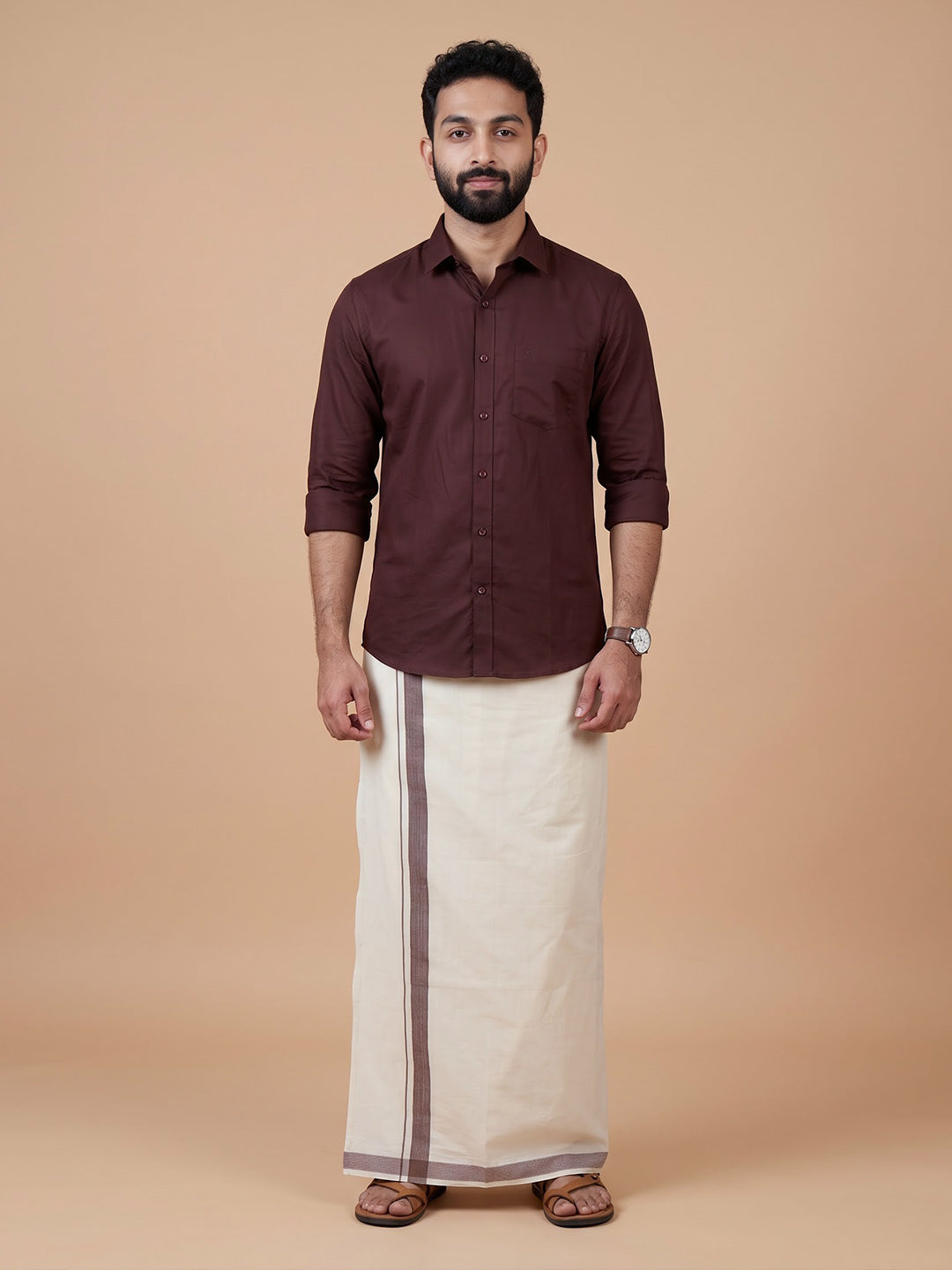 Double Layer Giza Cotton Cream Kora Dhoti with Colour Jari Border - LC54