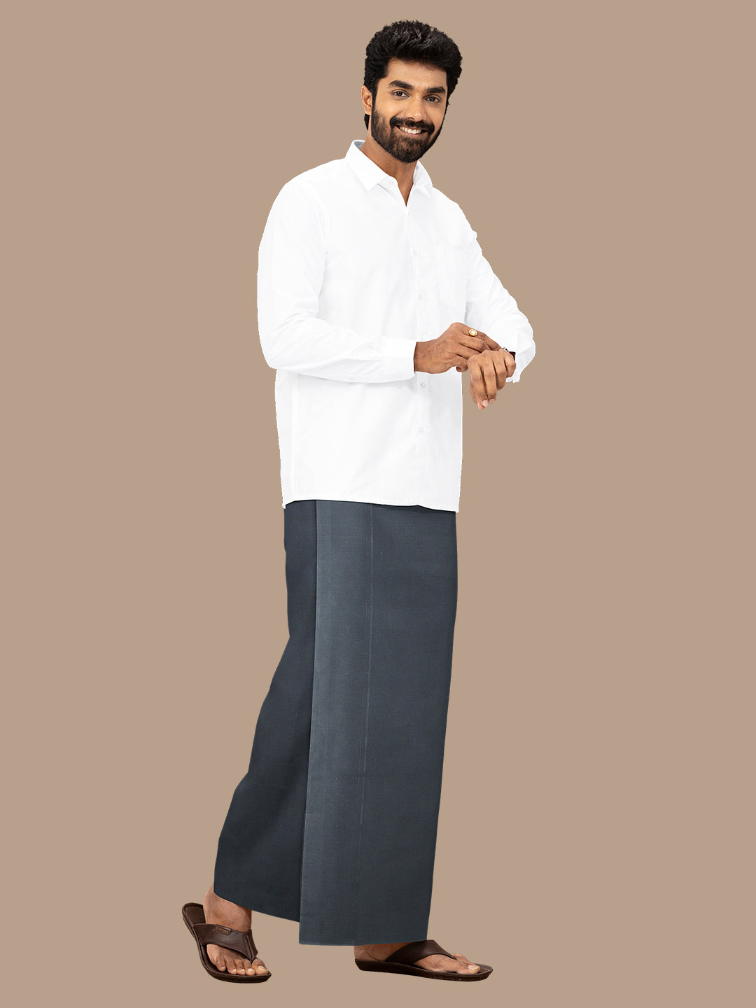 Men 100% Cotton Single Layer Dark Cement Dhoti with Assorted Border Poojan Paramas