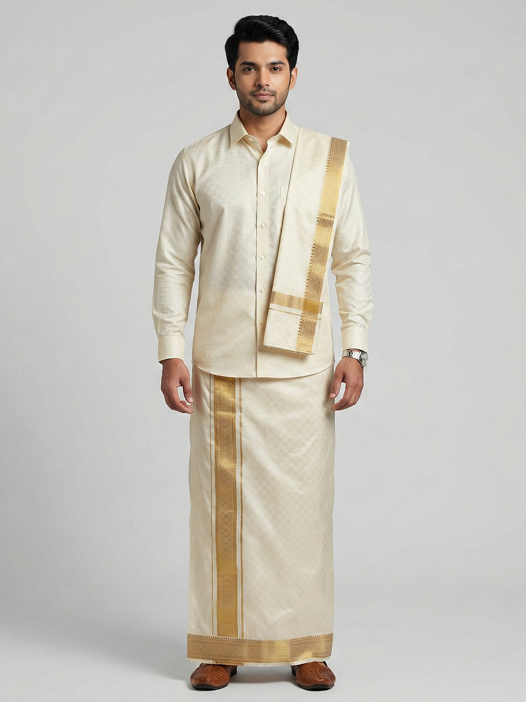 Men Art Silk Self Design Shirt with Readymade Dhoti & Towel Set Cream CRJD4