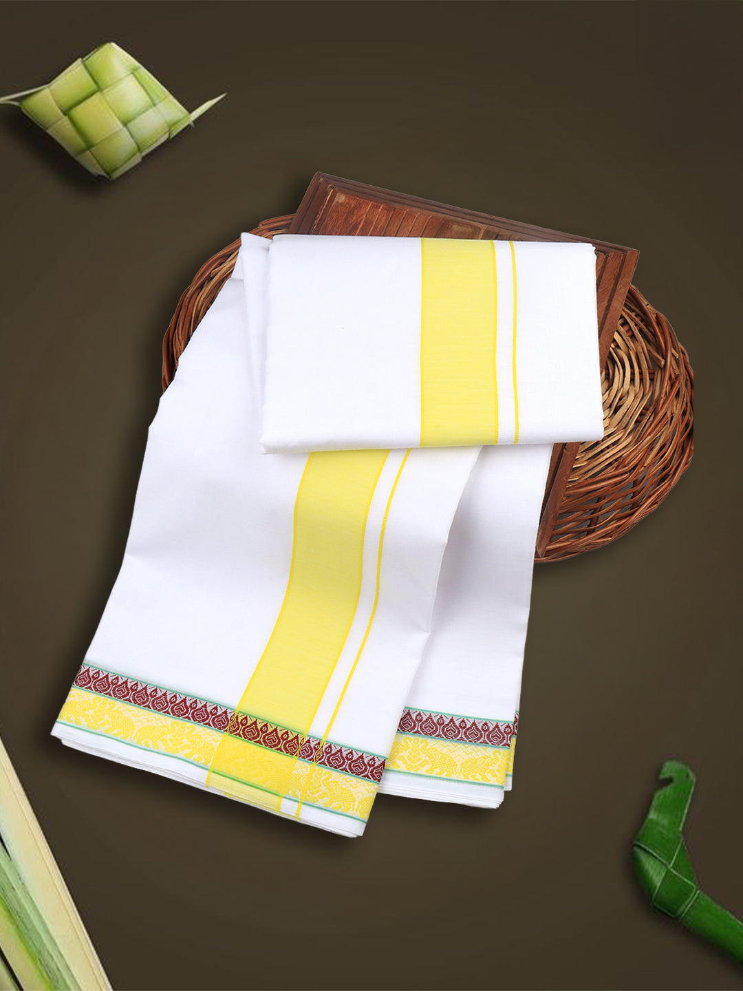 Men Cotton Yellow Fancy Border Panchakacham with Angavasthram (9+5) JD06