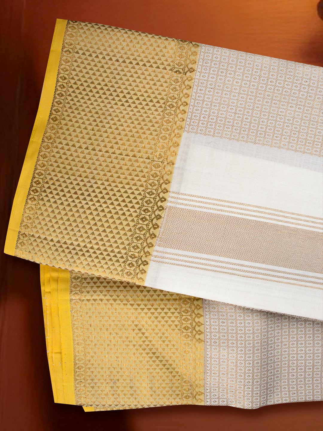 Men Elegant OffWhite Pure Silk Dhoti & Towel Set with 6" inch Gold Jari Border Amirtham AM20