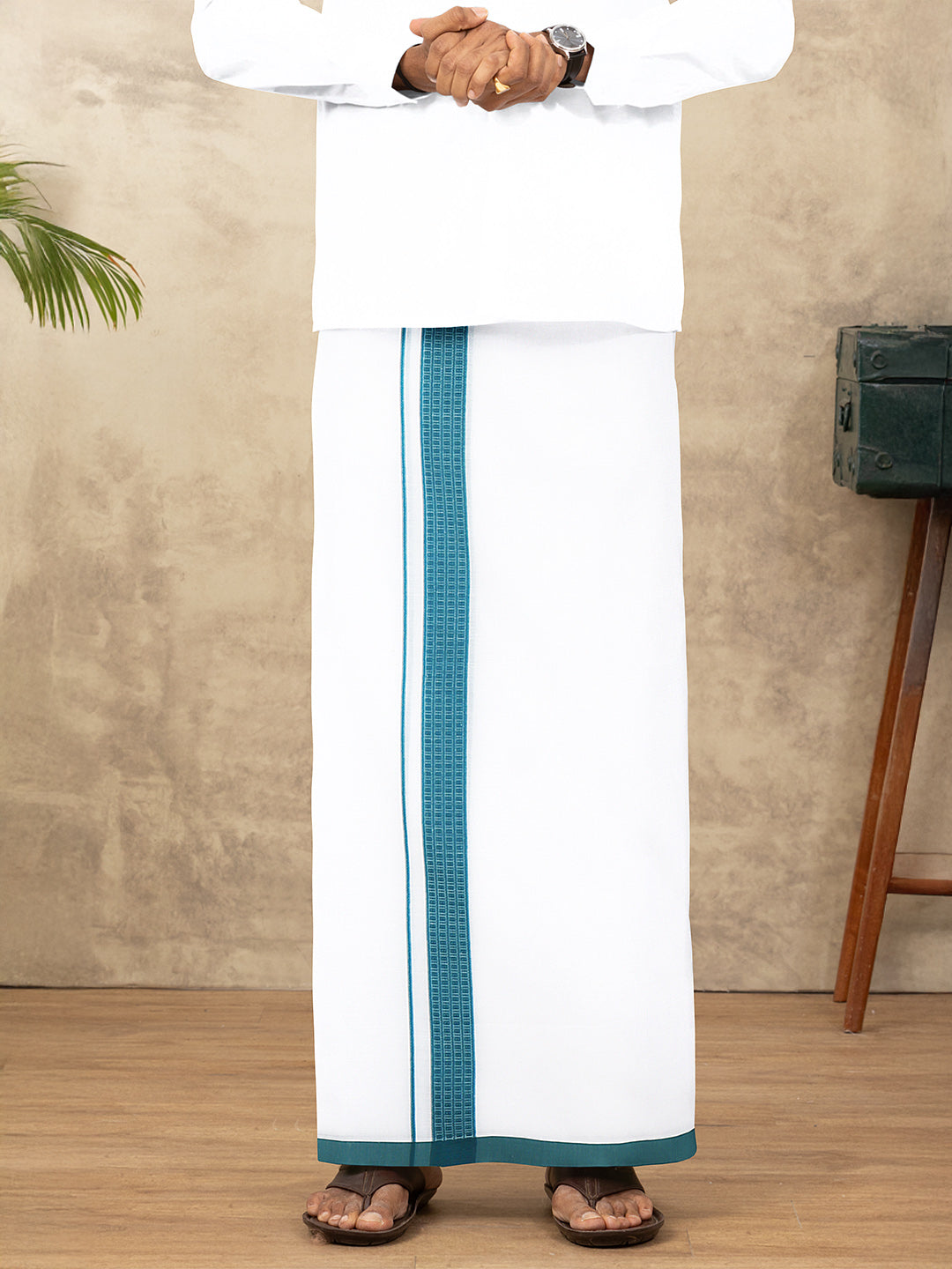Men Cotton Blend Double Layer White Dhoti with Fancy Border TF09