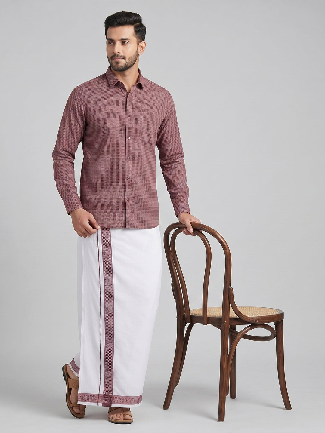 Men Purple Matching Border Dhoti With Printed Shirt Set Windsor HNJ4