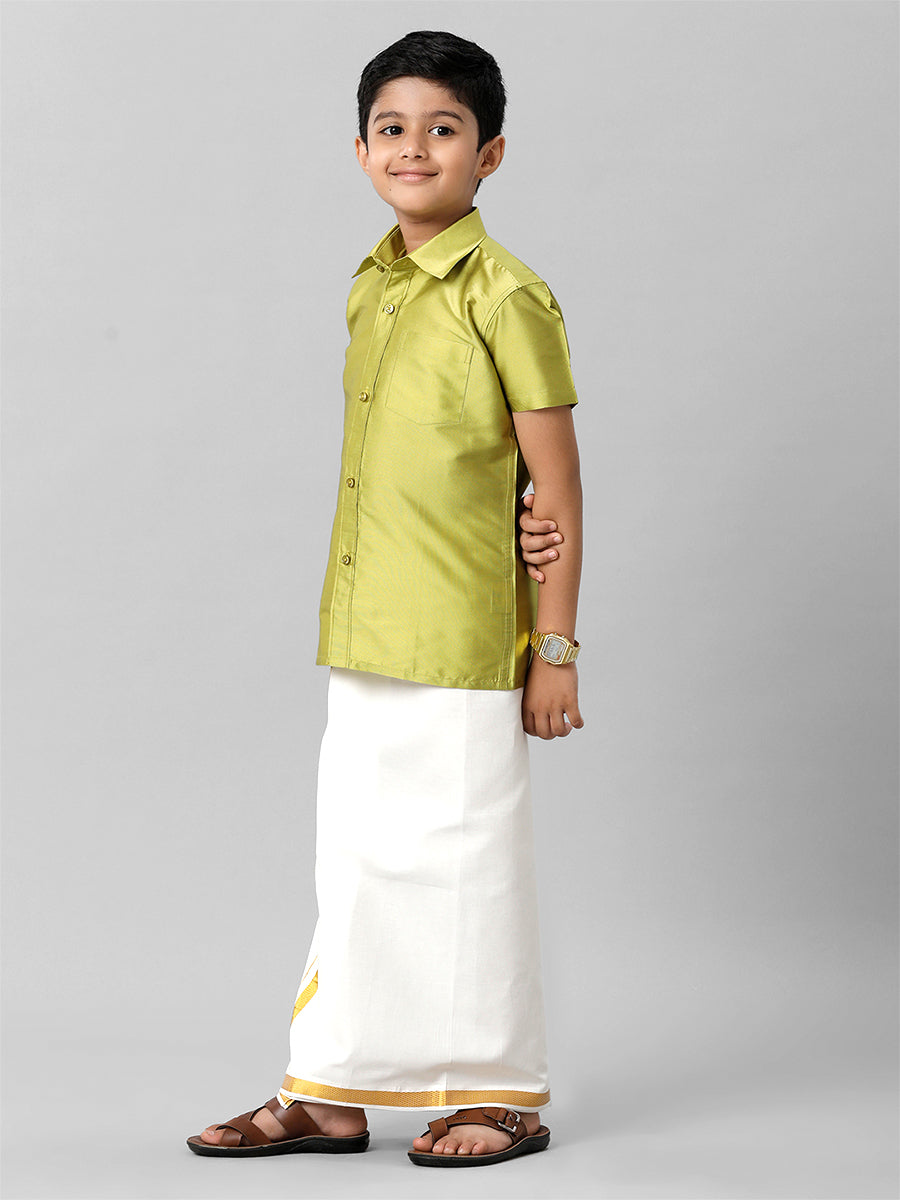 Boys Silk Cotton Lemon Green Half Sleeves Shirt K44-Side  view