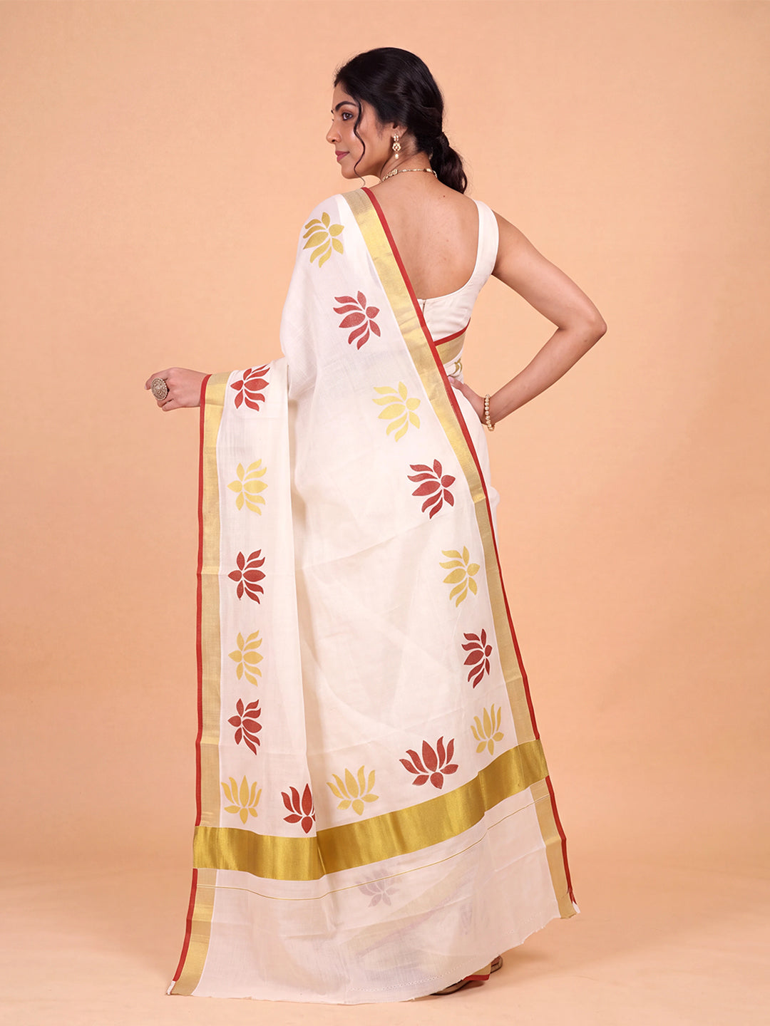 Women Kora Cotton Cream Printed Saree with Gold Jari KLS62