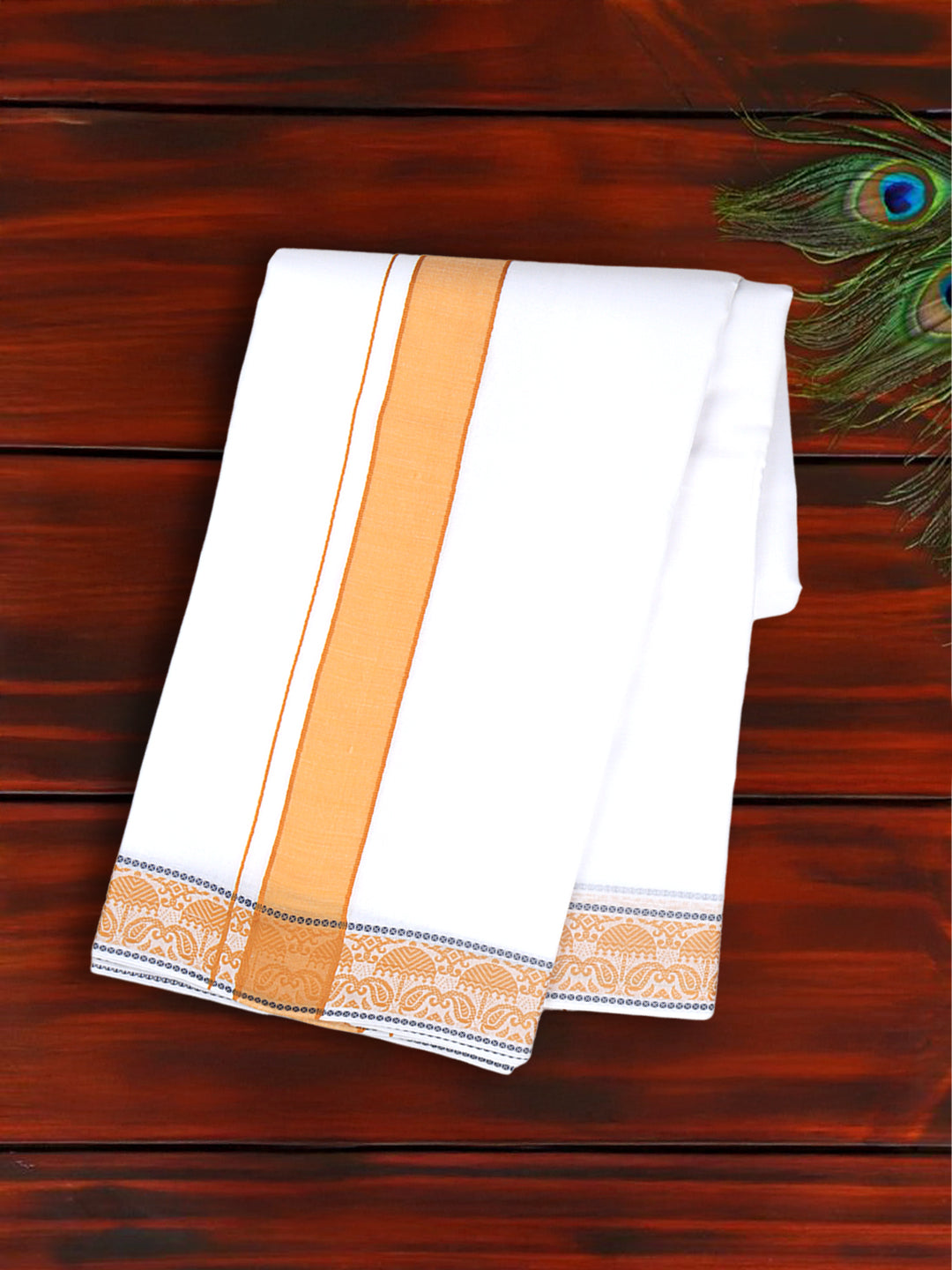 Men Cotton Mustard Fancy Border Panchakacham with Angavasthram Srirasthu(9+5) SR40
