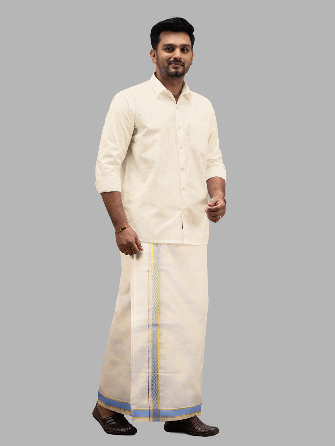 Men Tissue Single Layer Dhoti Gold with Fancy Jari Border