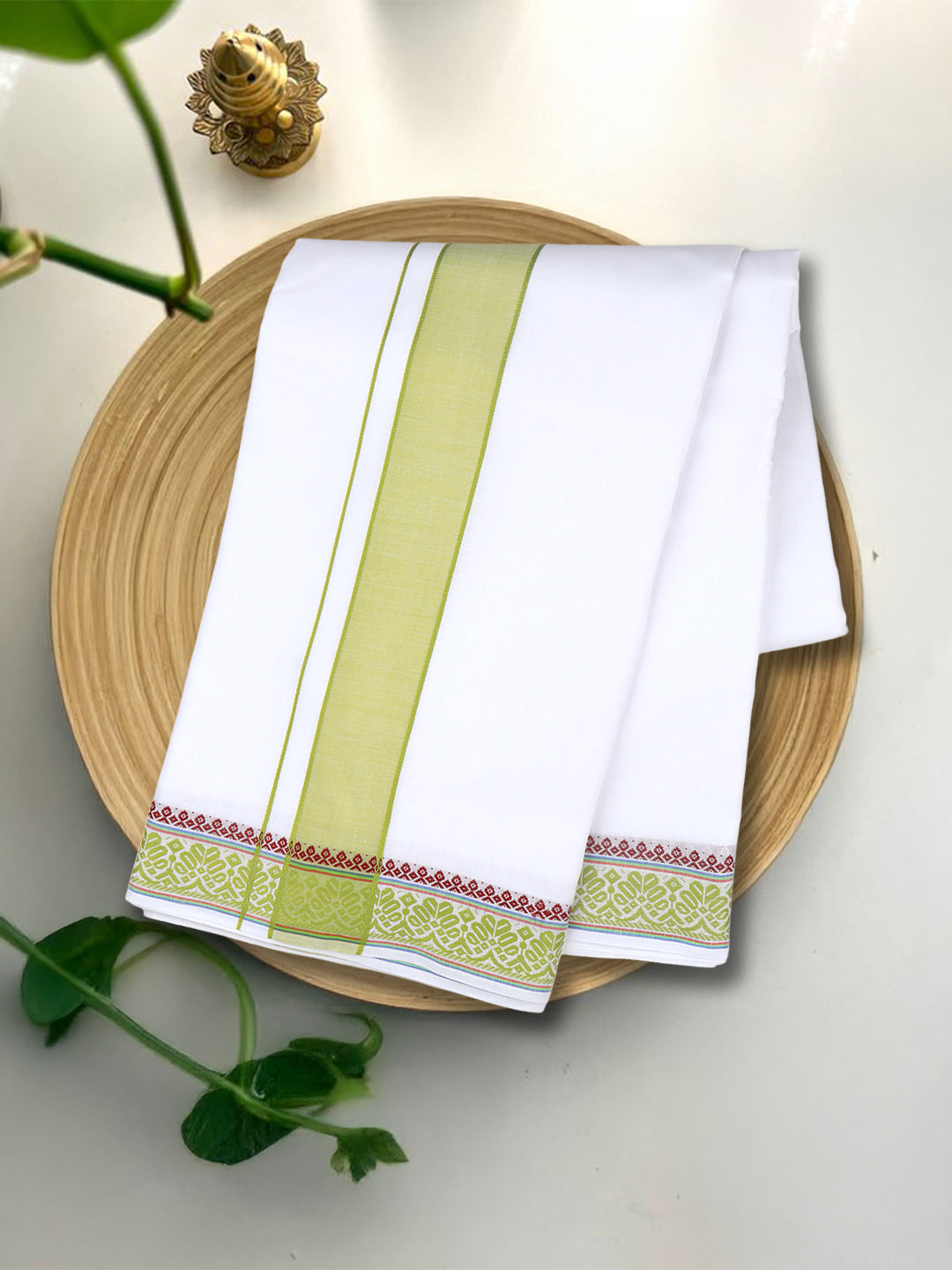 Men Cotton Green Fancy Border Panchakacham with Angavasthram (9+5) JD09