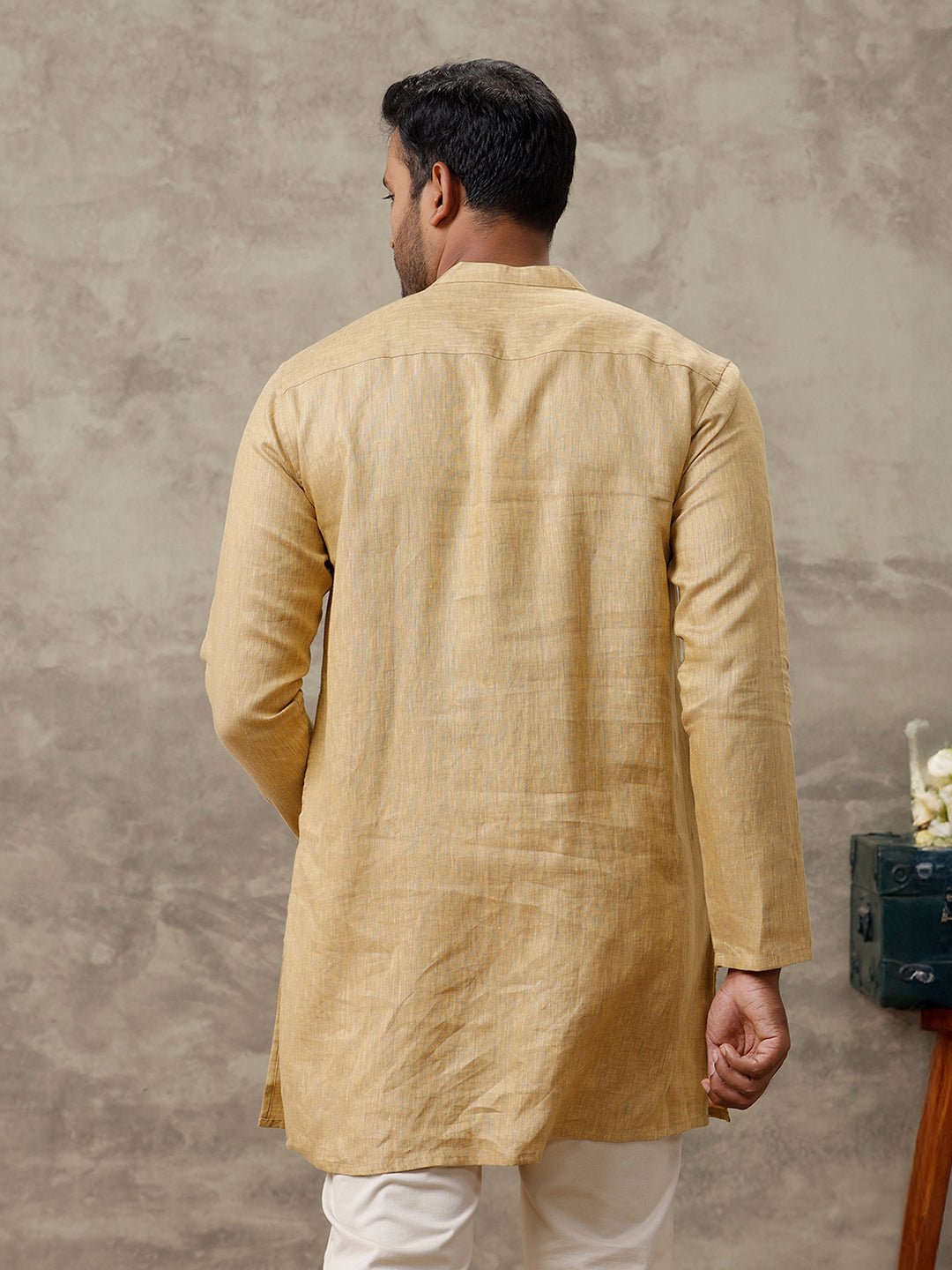Men Linen Medium Length Kurta Mustard Yellow KAL20