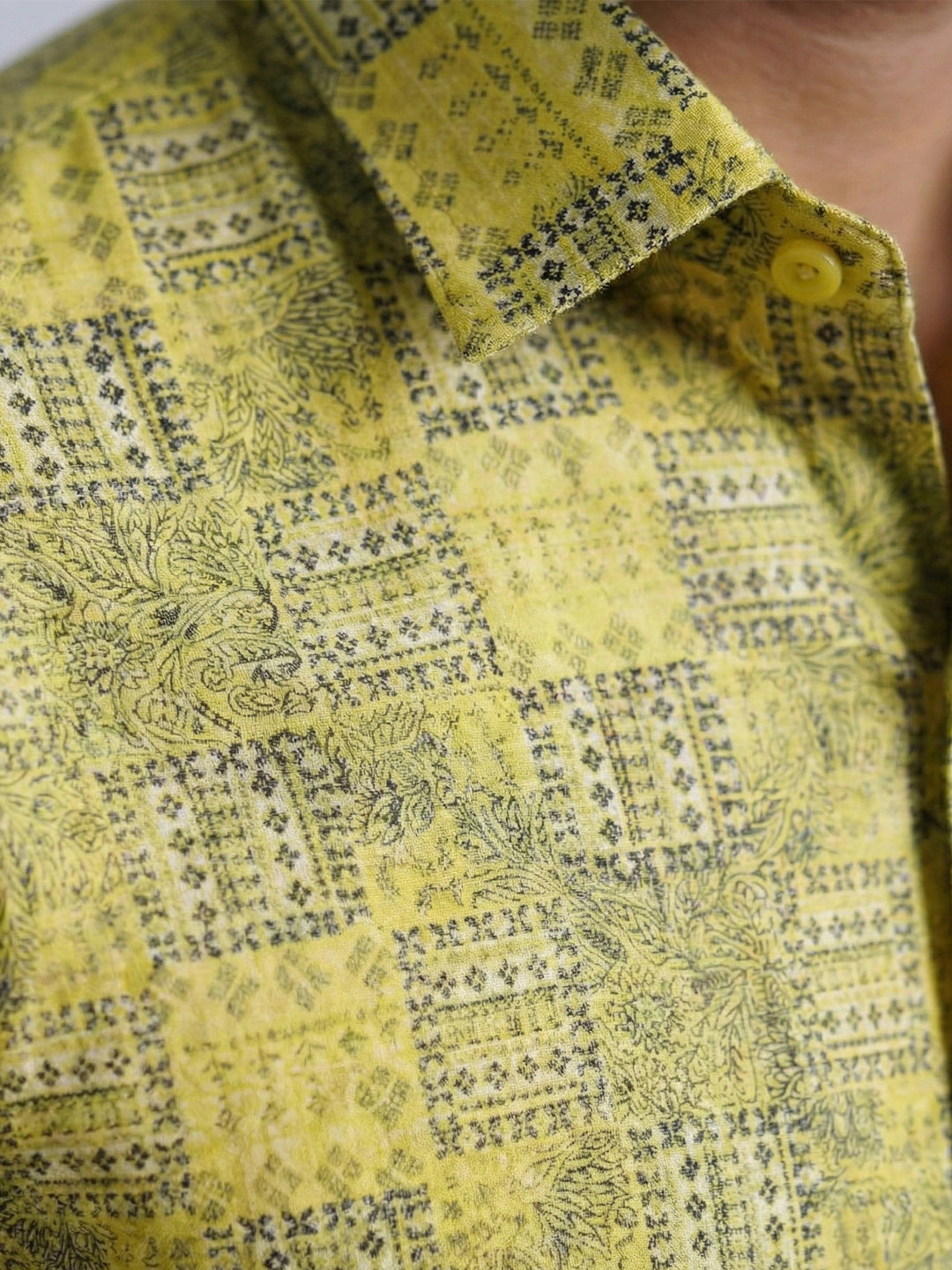 Men Lemon Yellow Matching Border Dhoti With Printed Shirt Set Fusion PS29