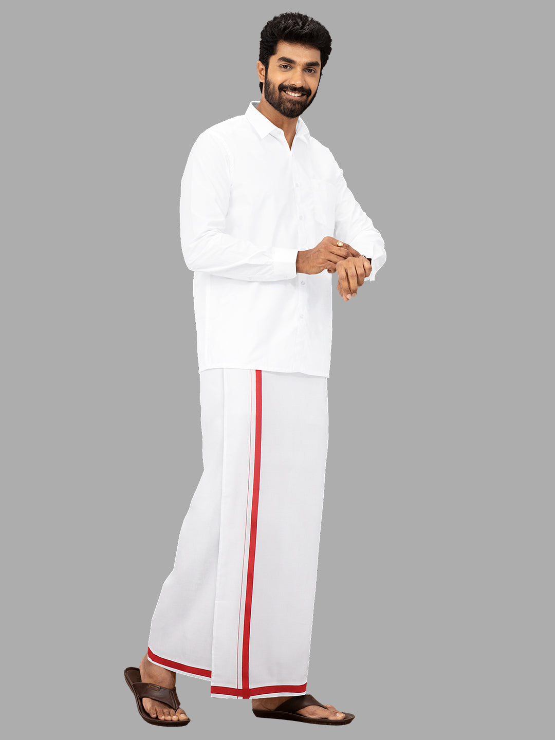 Men Cotton Blend Single Layer Stitched Dhoti with Assorted Border Canal