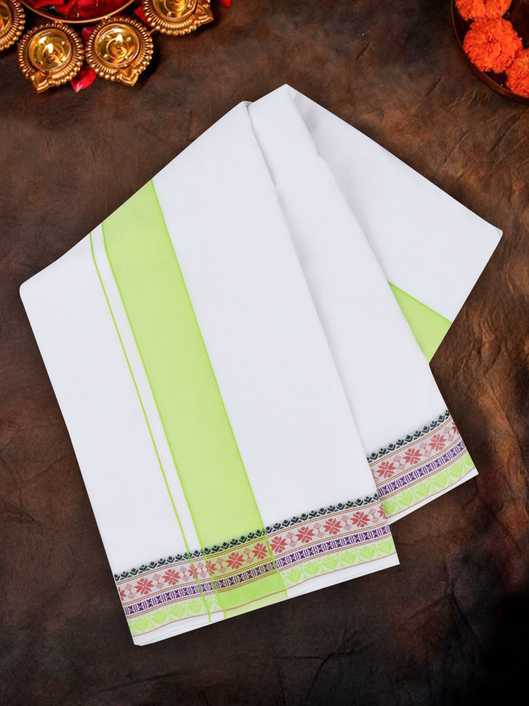 Men Cotton Green Fancy Border Panchakacham with Angavasthram (9+5) JD05