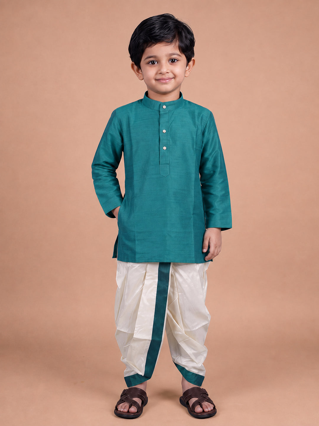 Boys Slub Cotton Full Sleeves Dark Green Kurta with Panchakacham Combo Set SL4