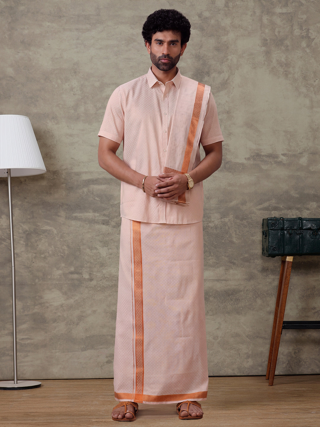 Tissue Copper Jacquard Shirt, Dhoti & Towel Set CD11