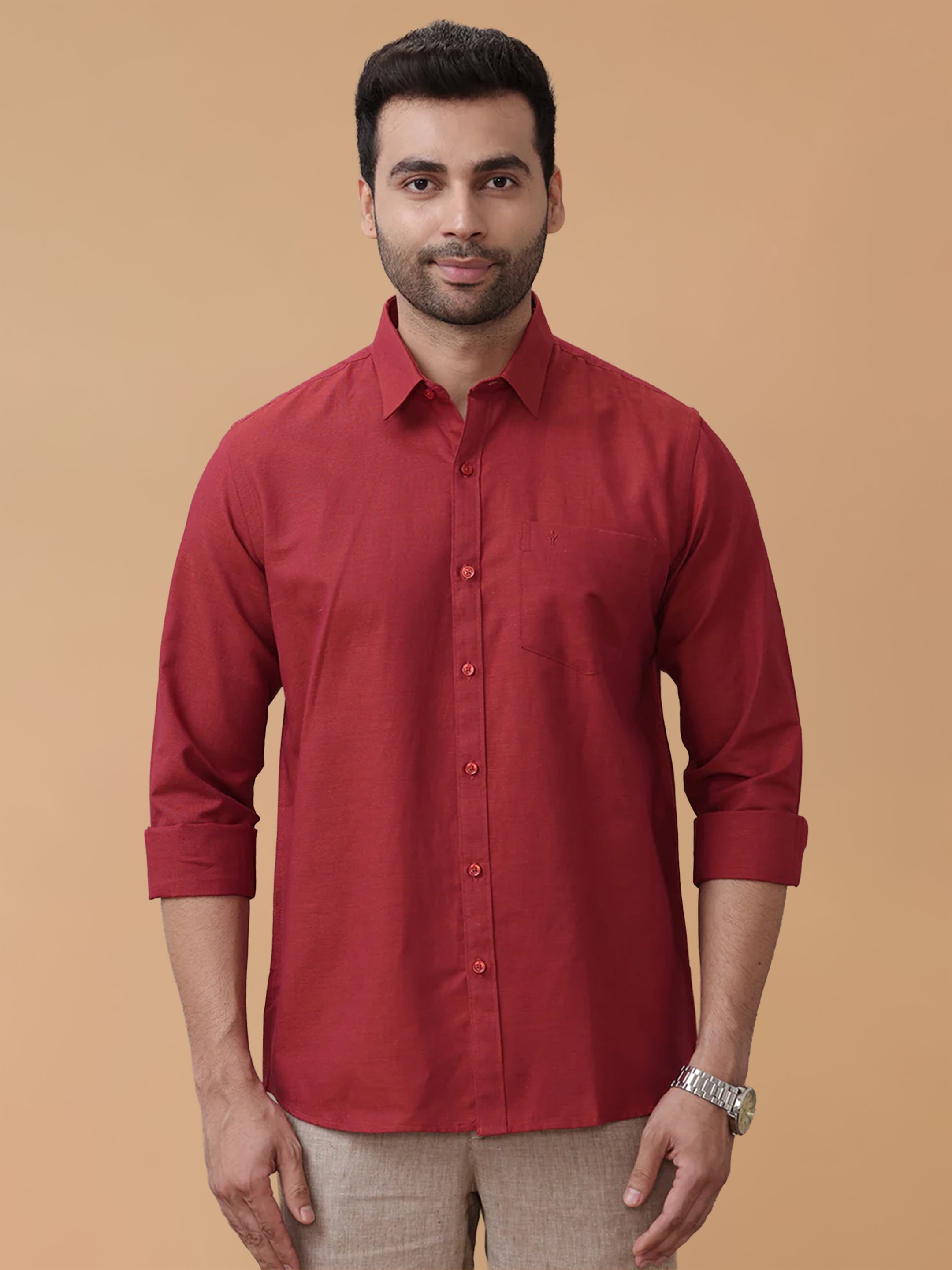 Linen Cotton Brick Red Regular Fit Shirt LF20